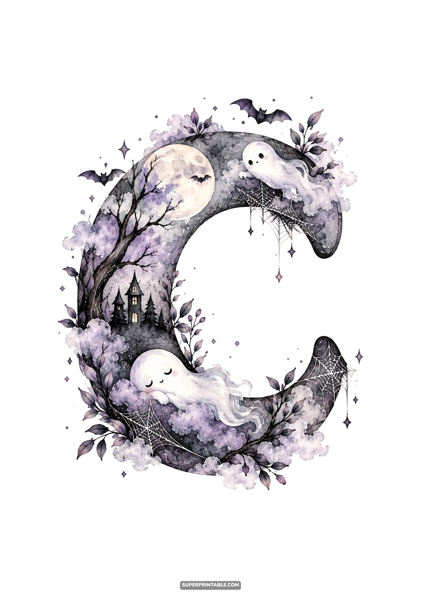 Watercolor letter C featuring a peaceful sleeping ghost, glowing moon, and castle spires