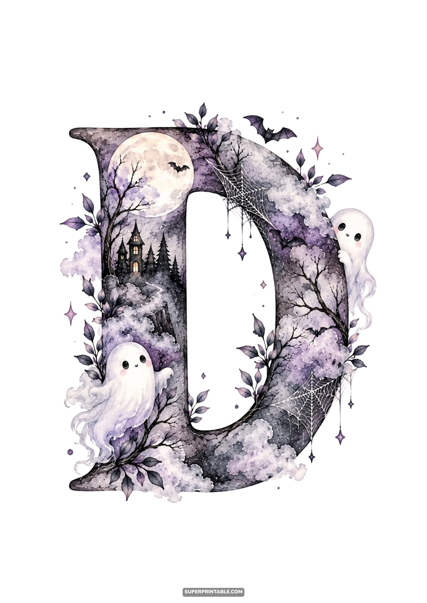 Gothic watercolor letter D with cute white ghosts, full moon, and hilltop haunted manor