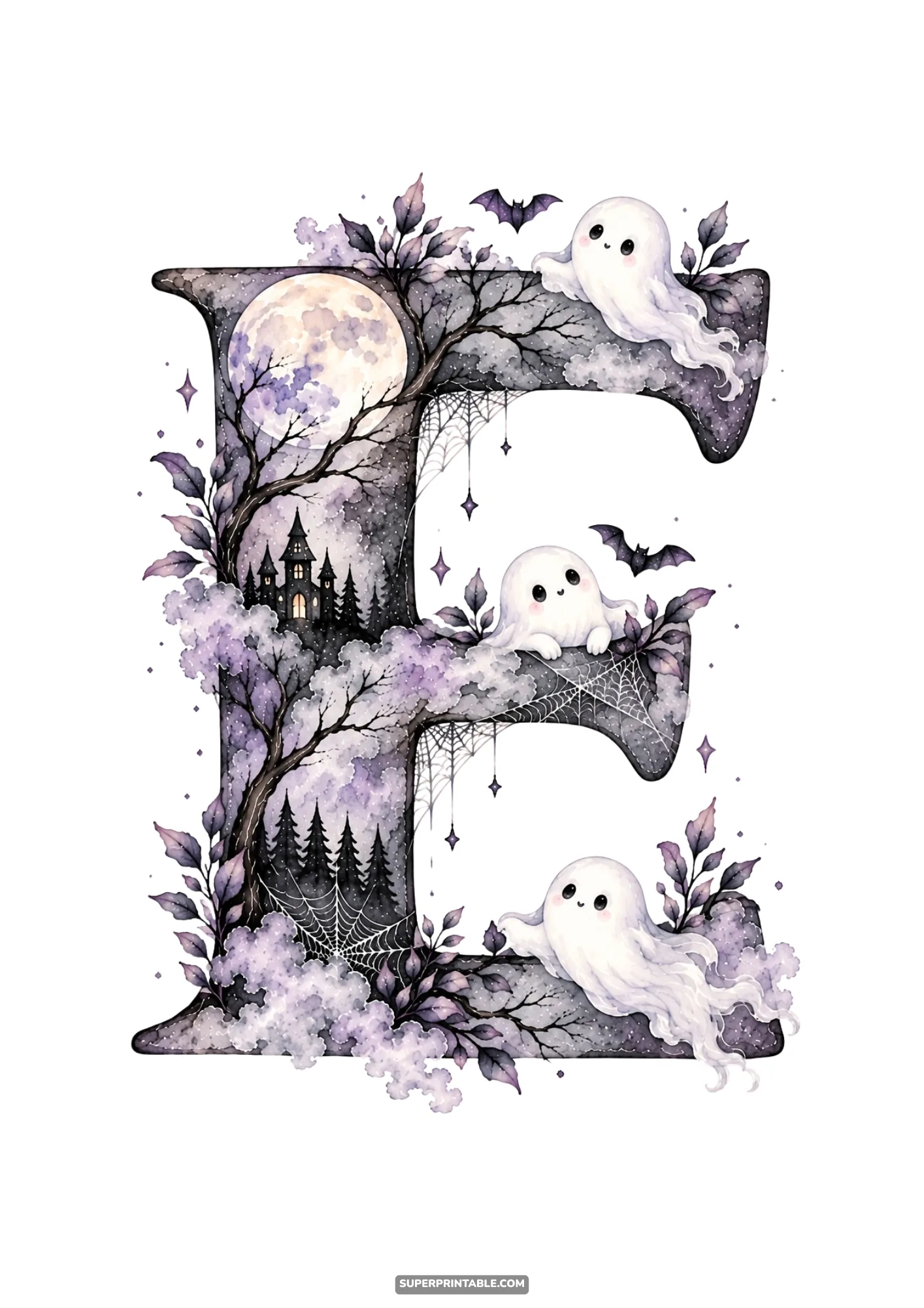 Spooky monogram letter E with three friendly ghosts resting on horizontal watercolor bars
