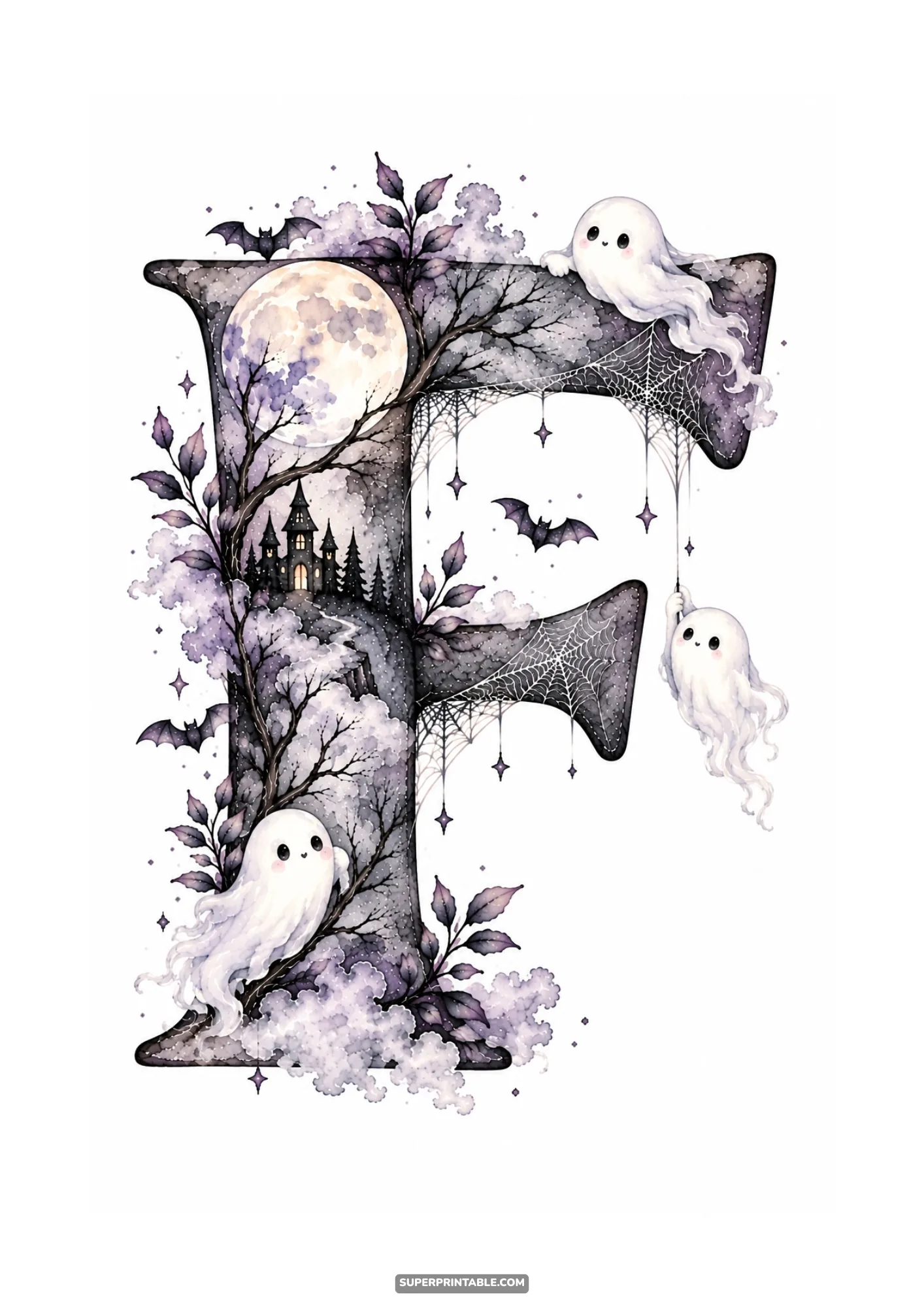 Watercolor letter F featuring a playful ghost dangling from a web beside full moon