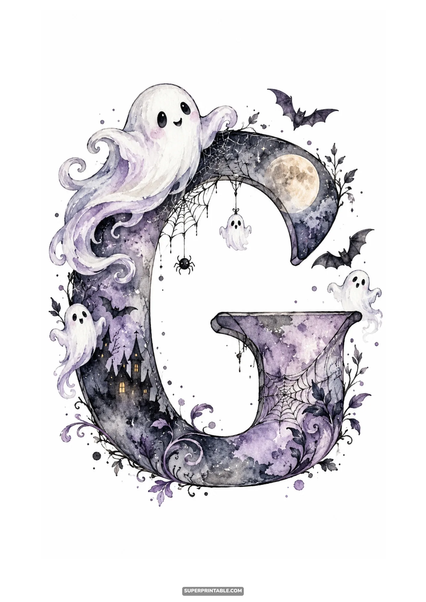 Watercolor monogram letter G with cheerful ghosts, hanging spider, and haunted castle
