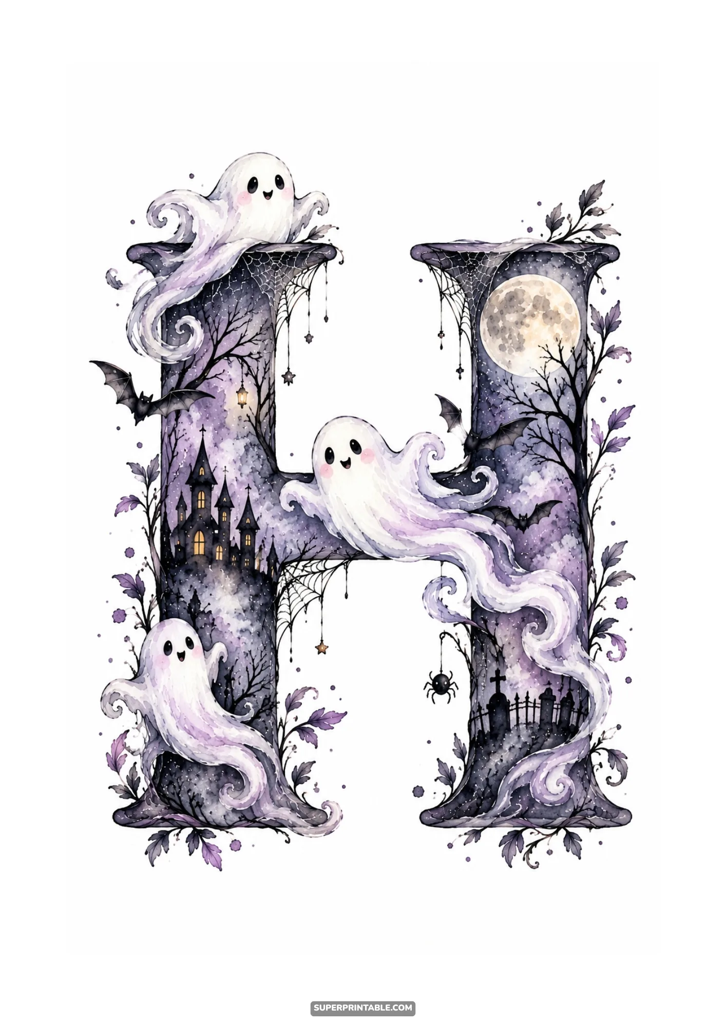 Watercolor letter H with three smiling ghosts, moonlit cemetery, and haunted mansion