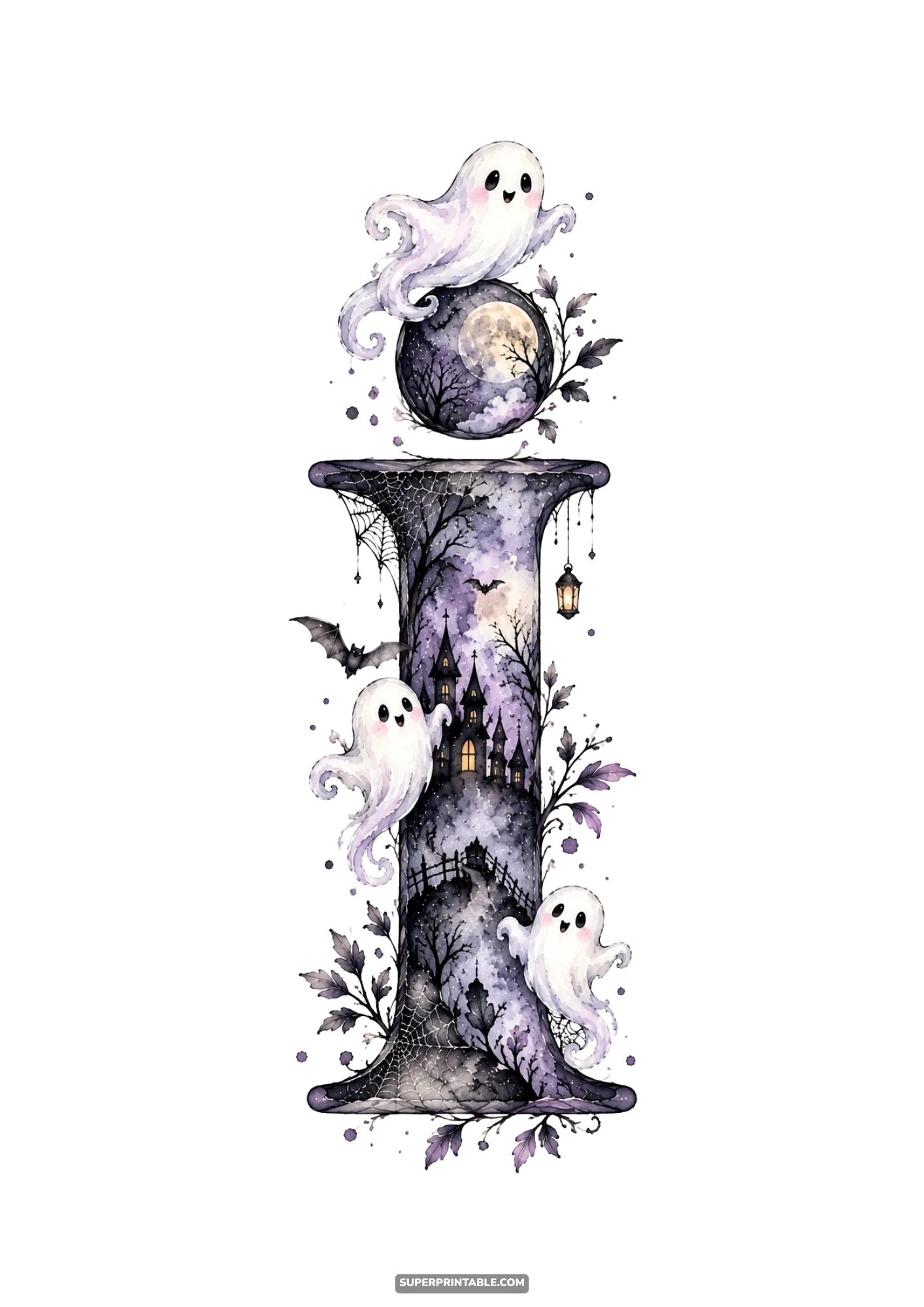 Ornate watercolor letter I showing cheerful ghosts, floating moon dot, and glowing lantern
