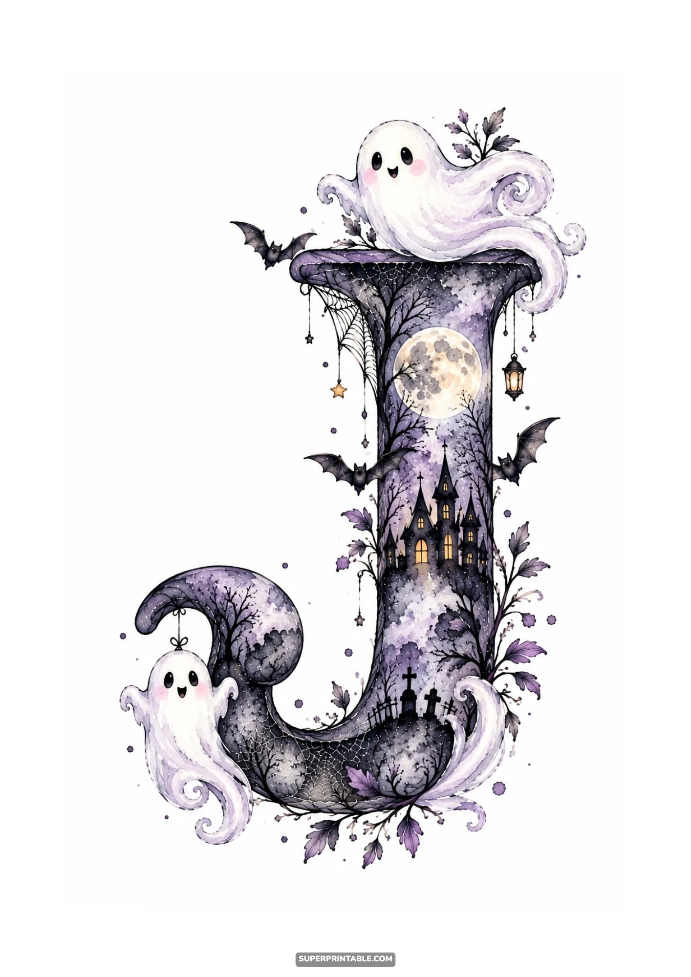 Watercolor letter J featuring floating white ghosts, hanging lantern, and haunted castle