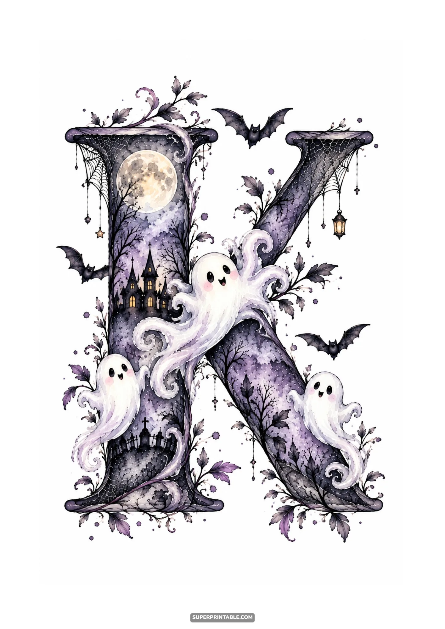 Halloween letter K in watercolor with three cute ghosts, cobwebs, and moonlit castle silhouette