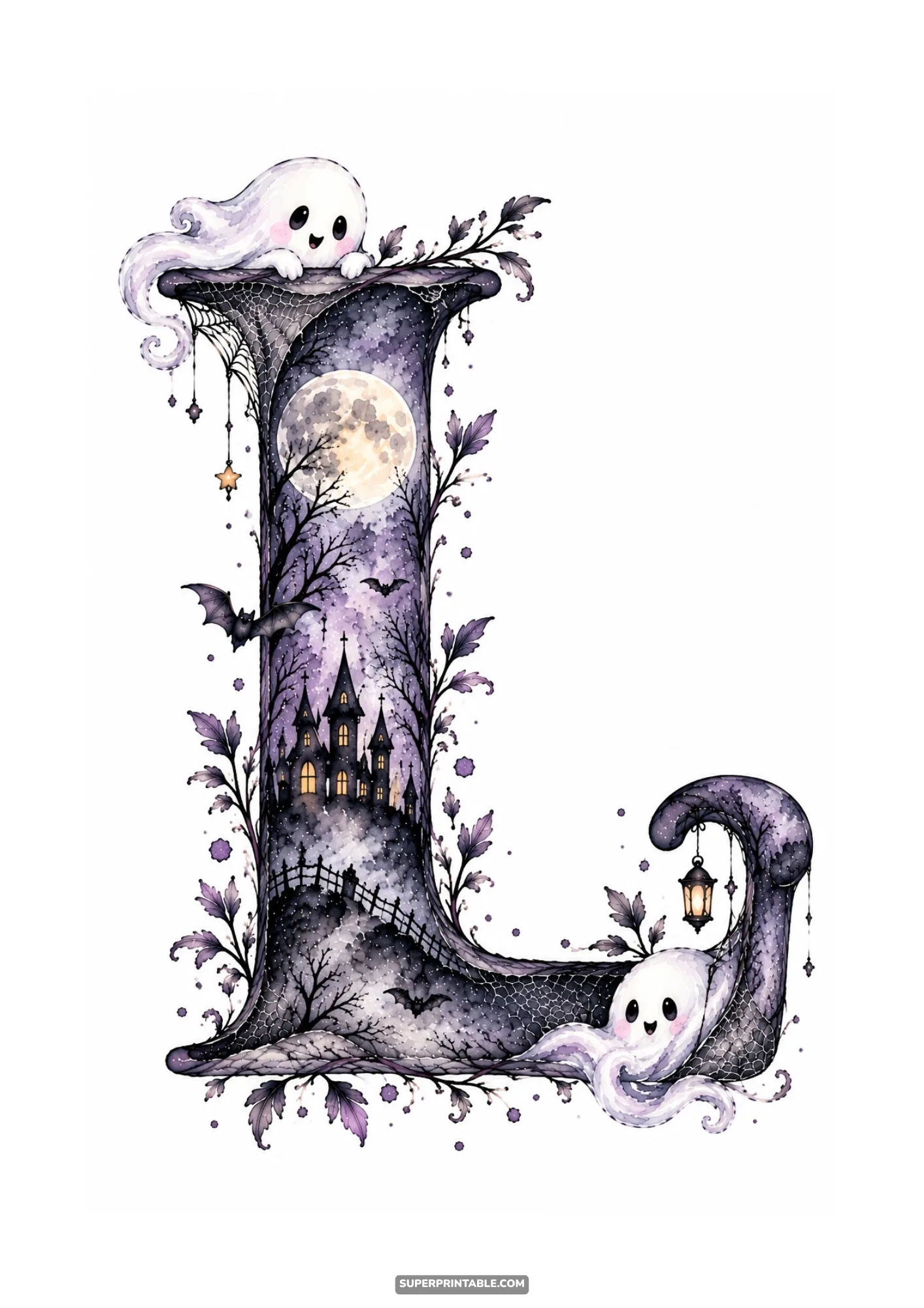 Gothic watercolor letter L showing smiling ghosts, glowing lantern, and haunted manor