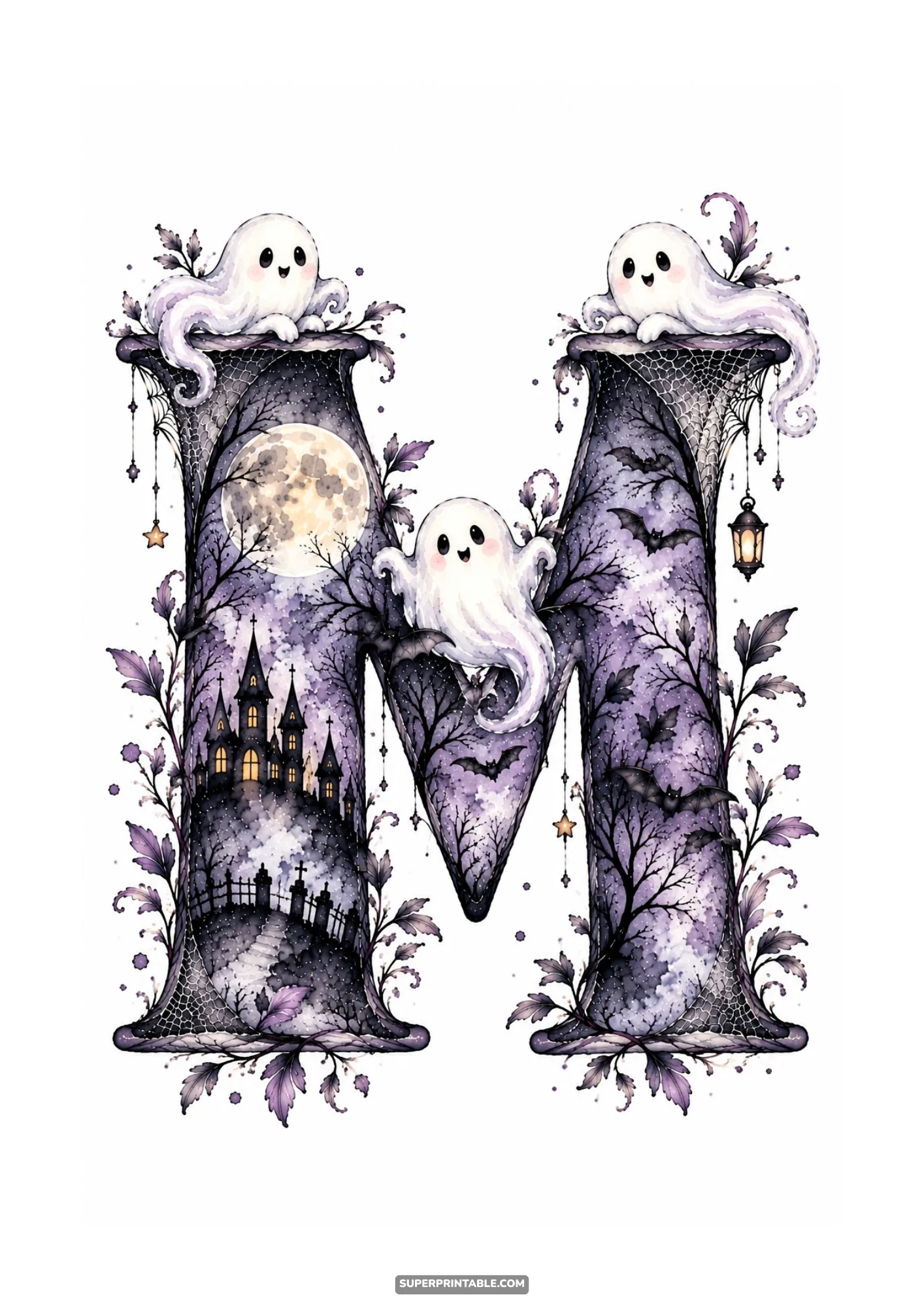 Spooky letter M painted in watercolor with trio of cute ghosts and moonlit cemetery scene