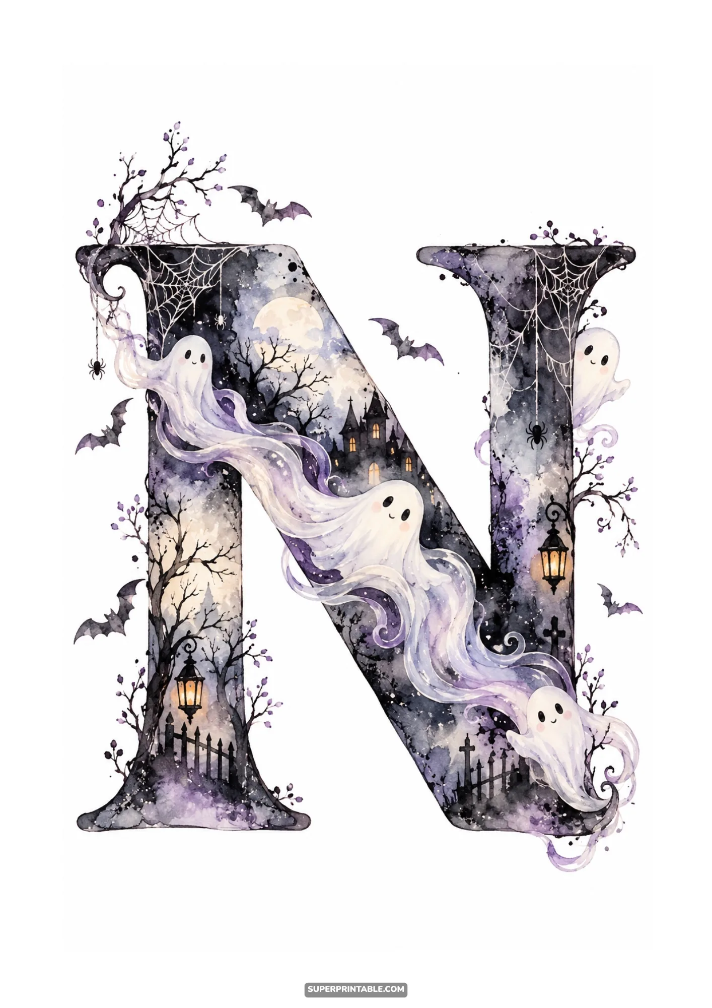 Watercolor monogram letter N with swirling friendly ghosts, vintage lantern, and bats