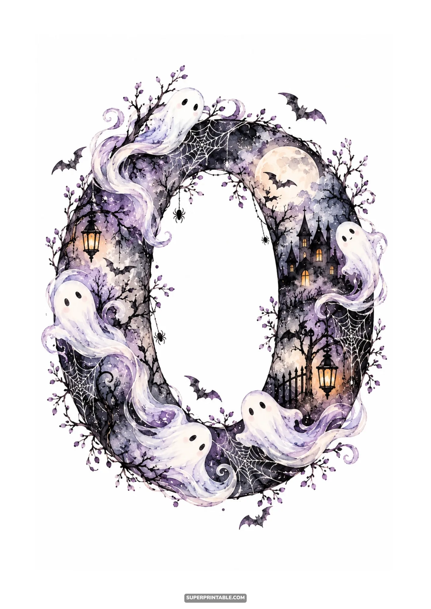 Circular watercolor letter O ringed with cute floating ghosts, lanterns, and spiderwebs