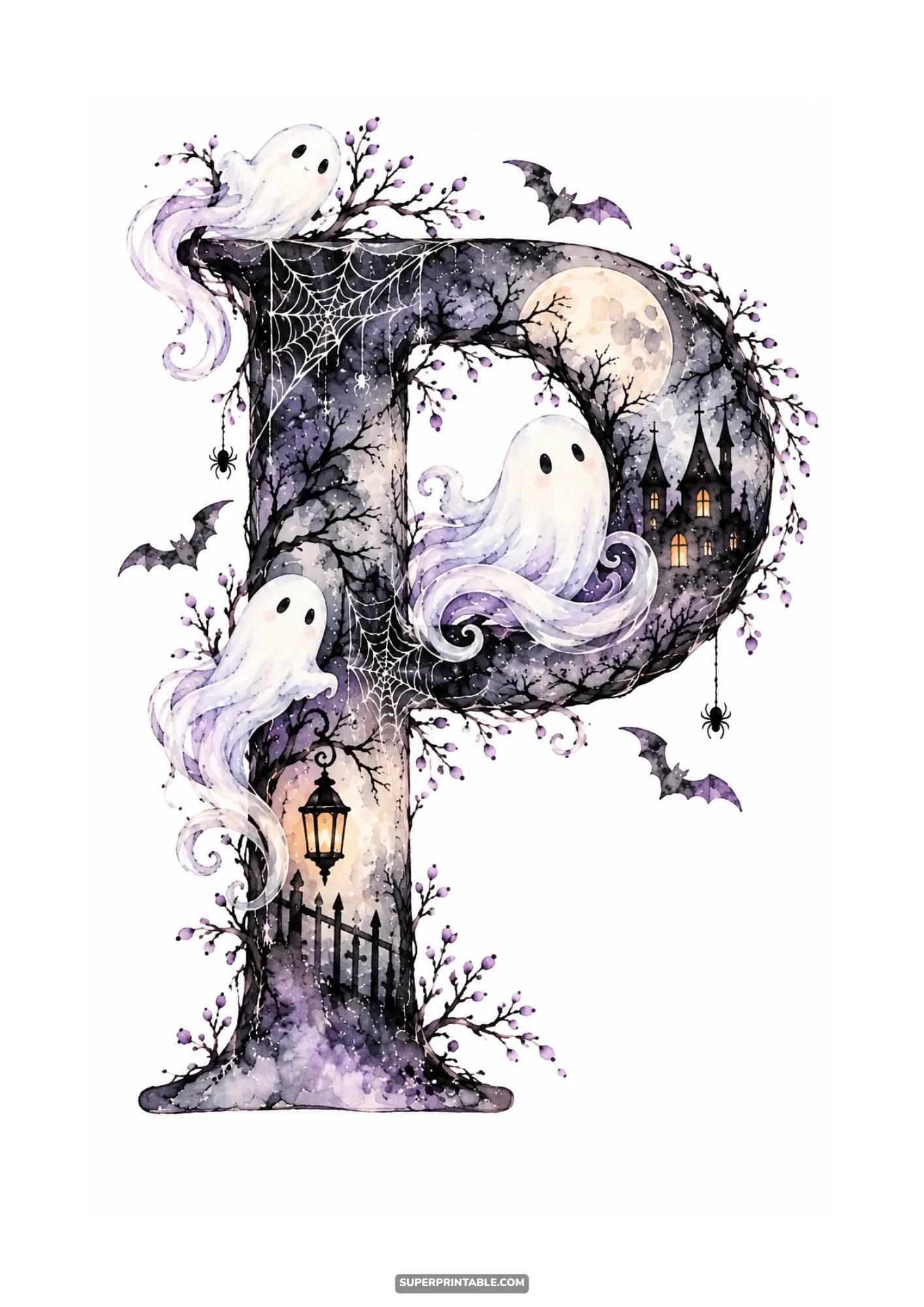 Watercolor letter P decorated with cheerful ghosts, glowing street lantern, and full moon