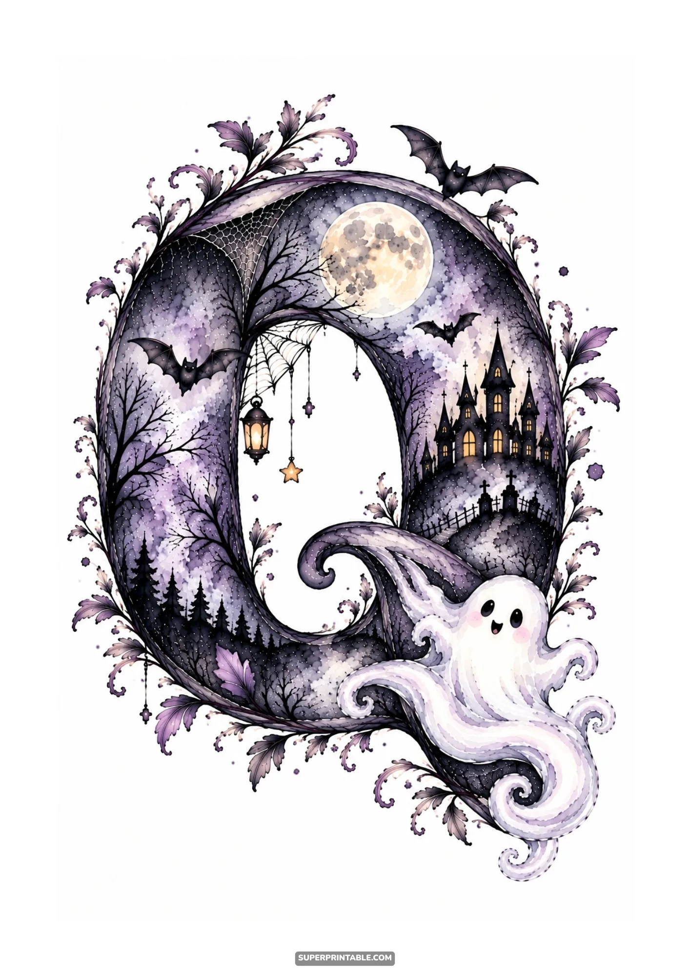 Decorative watercolor letter Q with swooping happy ghost, haunted castle, and glowing moon