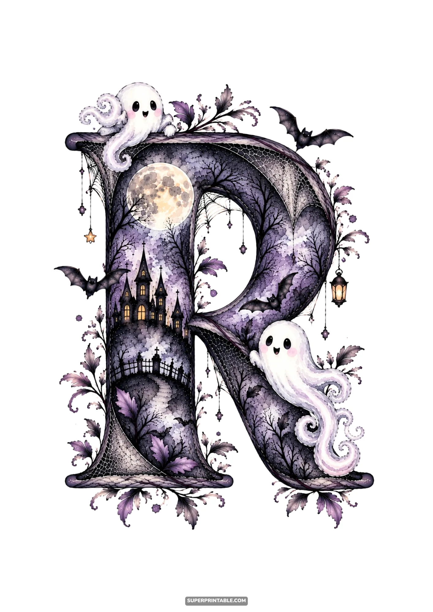 Monogram watercolor letter R with smiling ghosts, haunted mansion silhouette, and bats