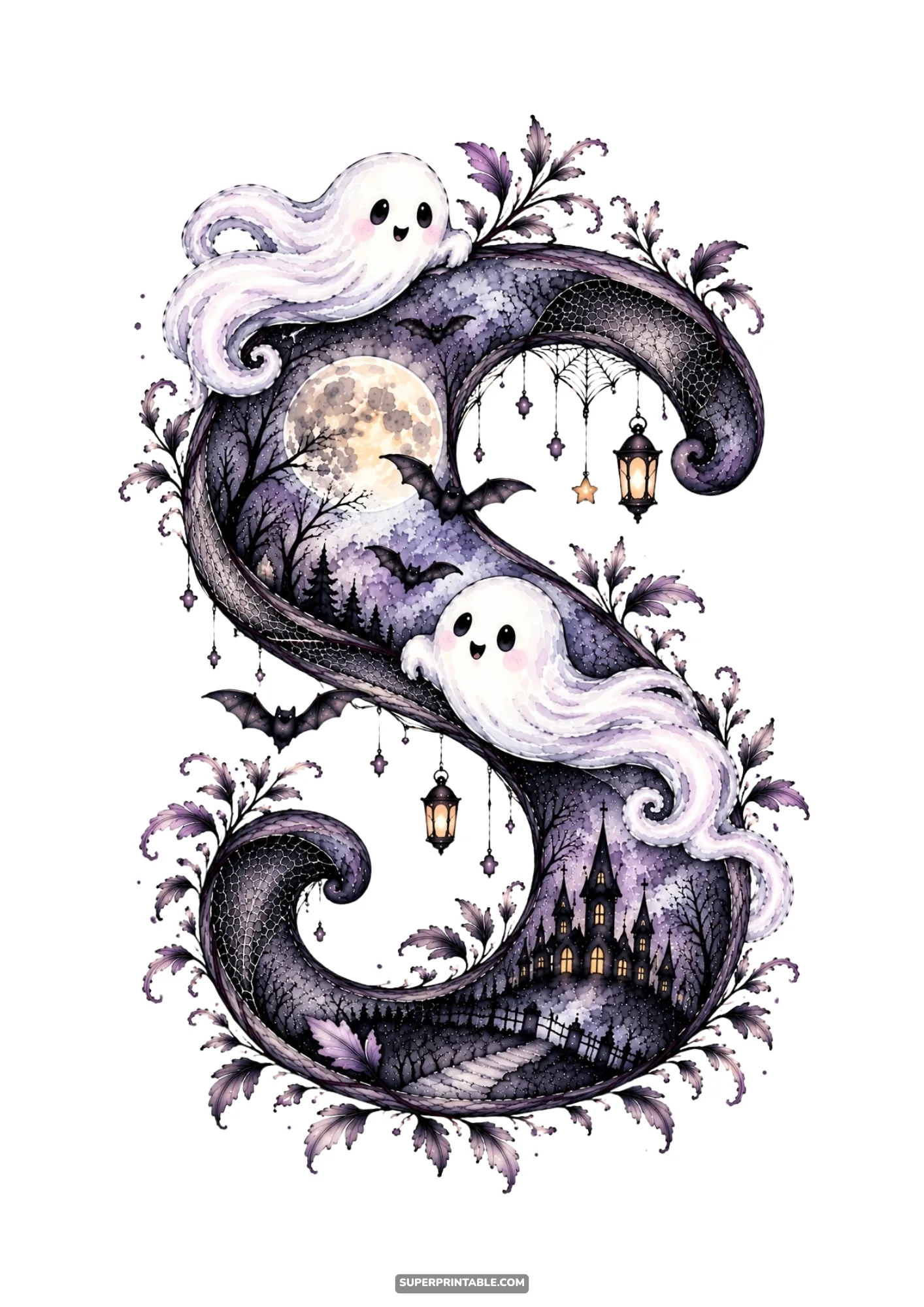Curved watercolor letter S with cheerful floating ghosts, hanging lanterns, and full moon