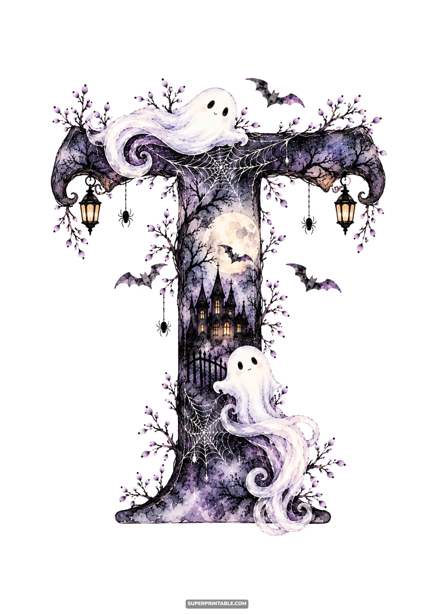 Gothic watercolor letter T with friendly white ghosts, illuminated castle, and lanterns