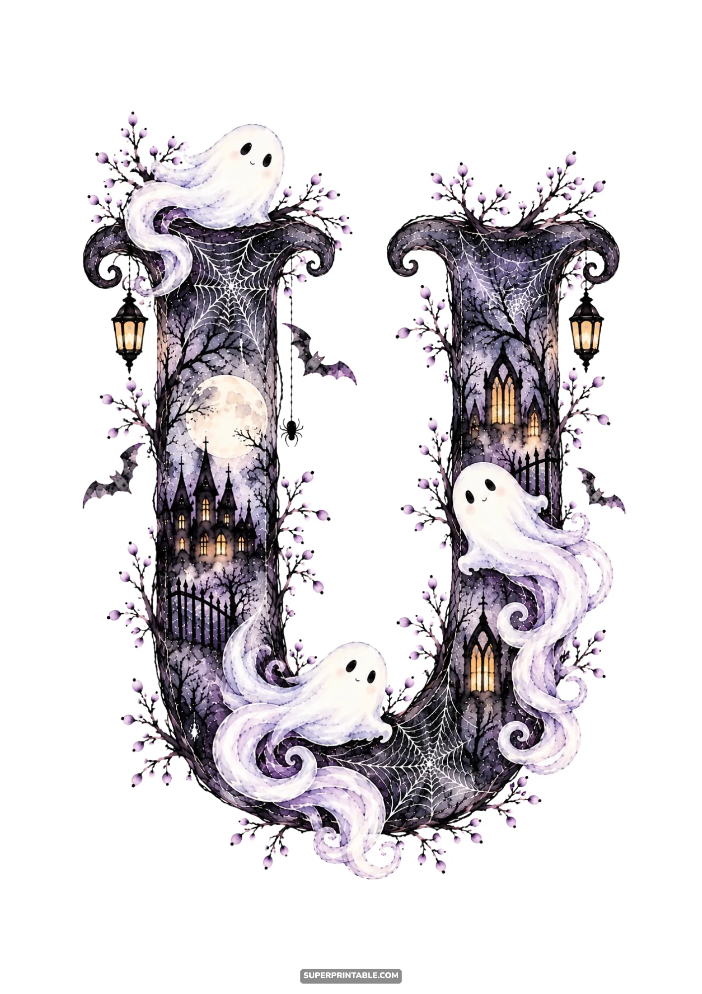 Watercolor monogram letter U with three cute ghosts, haunted castle spires, and lanterns