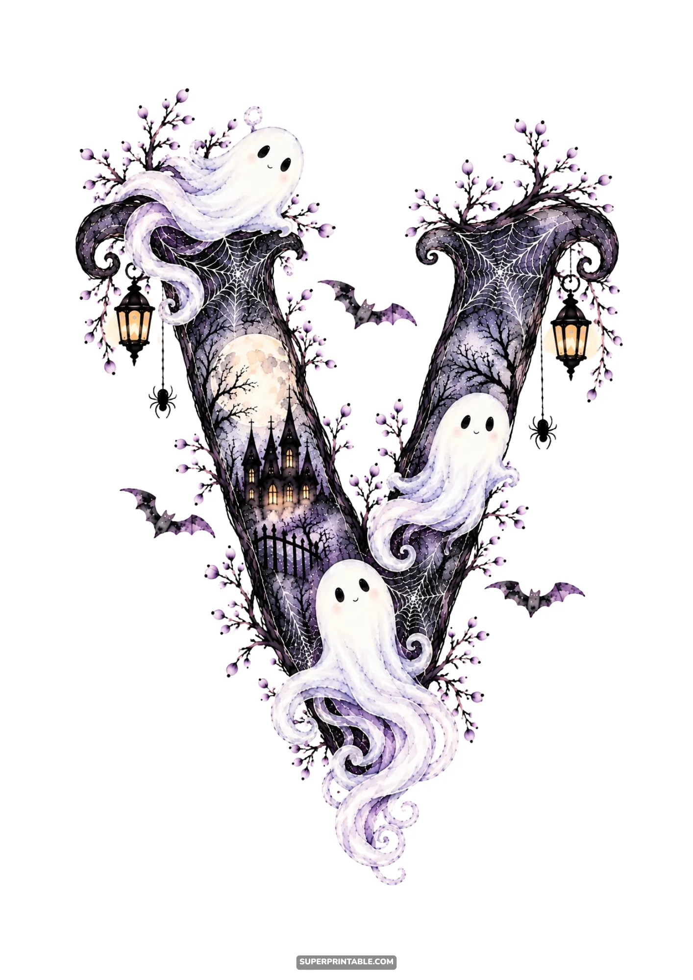 Ornate watercolor letter V adorned with three friendly ghosts, full moon, and lanterns