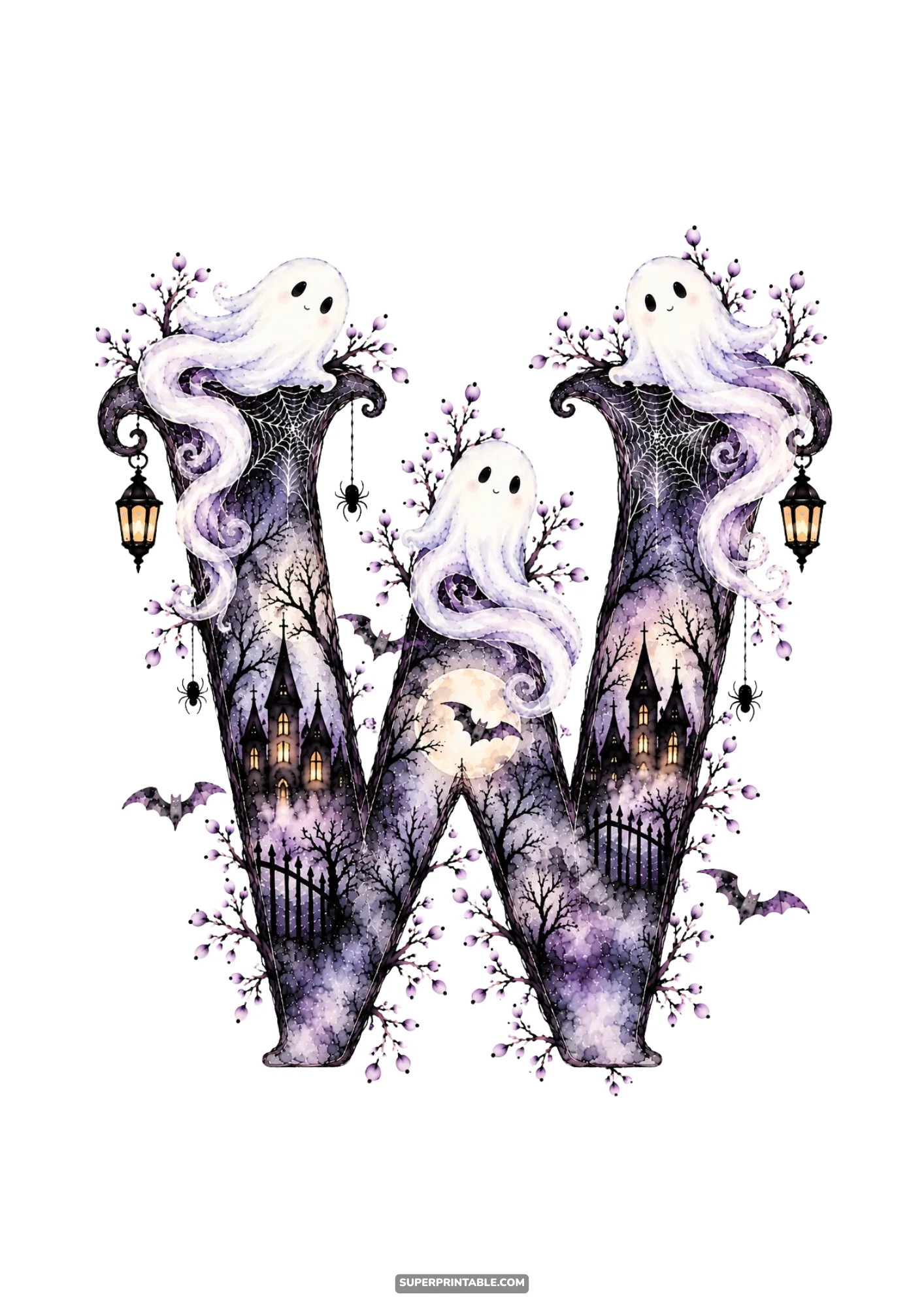 Detailed watercolor letter W with three smiling ghosts, glowing lanterns, and haunted castle