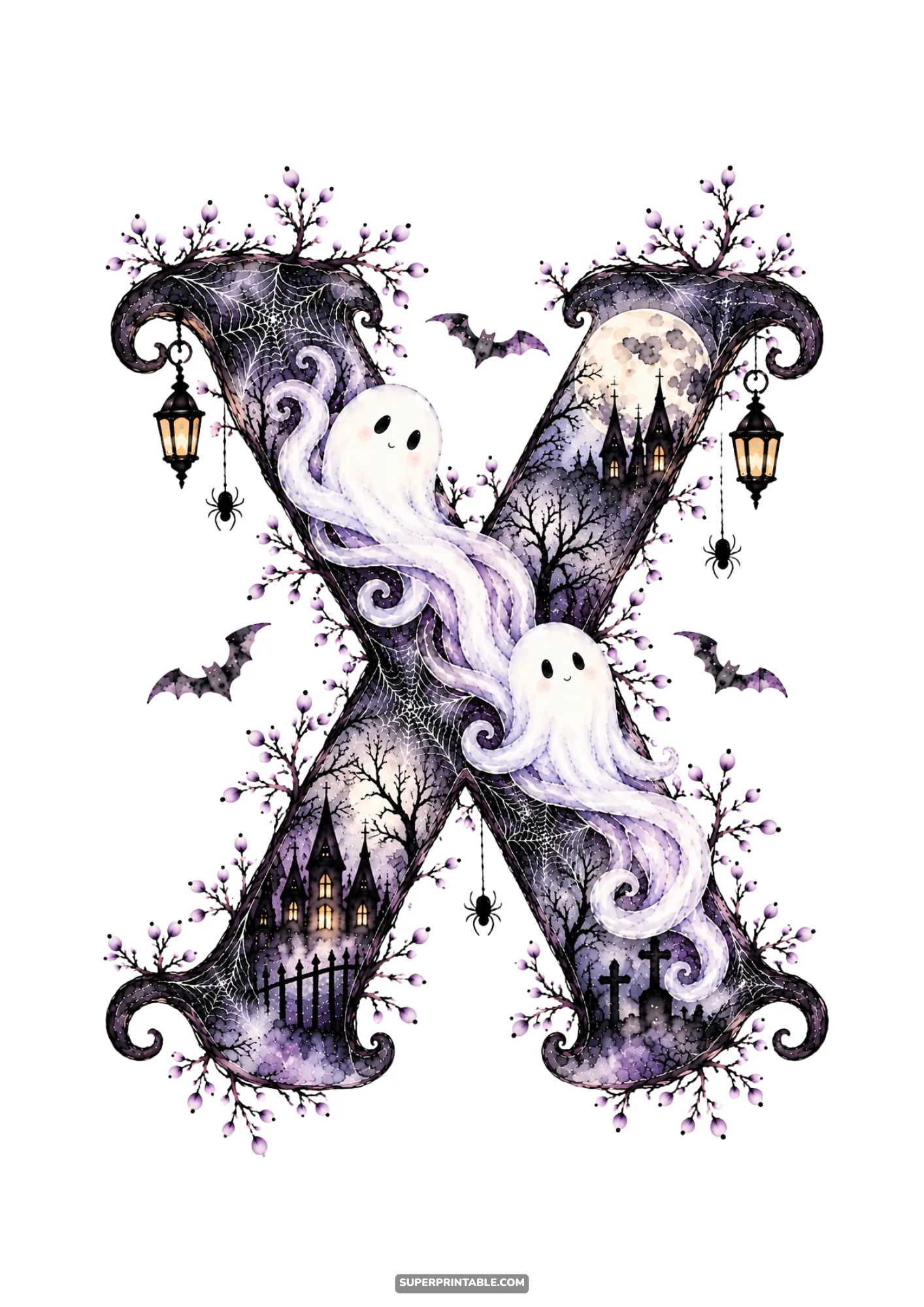 Watercolor monogram letter X showing two cheerful ghosts, haunted castle, and web detail