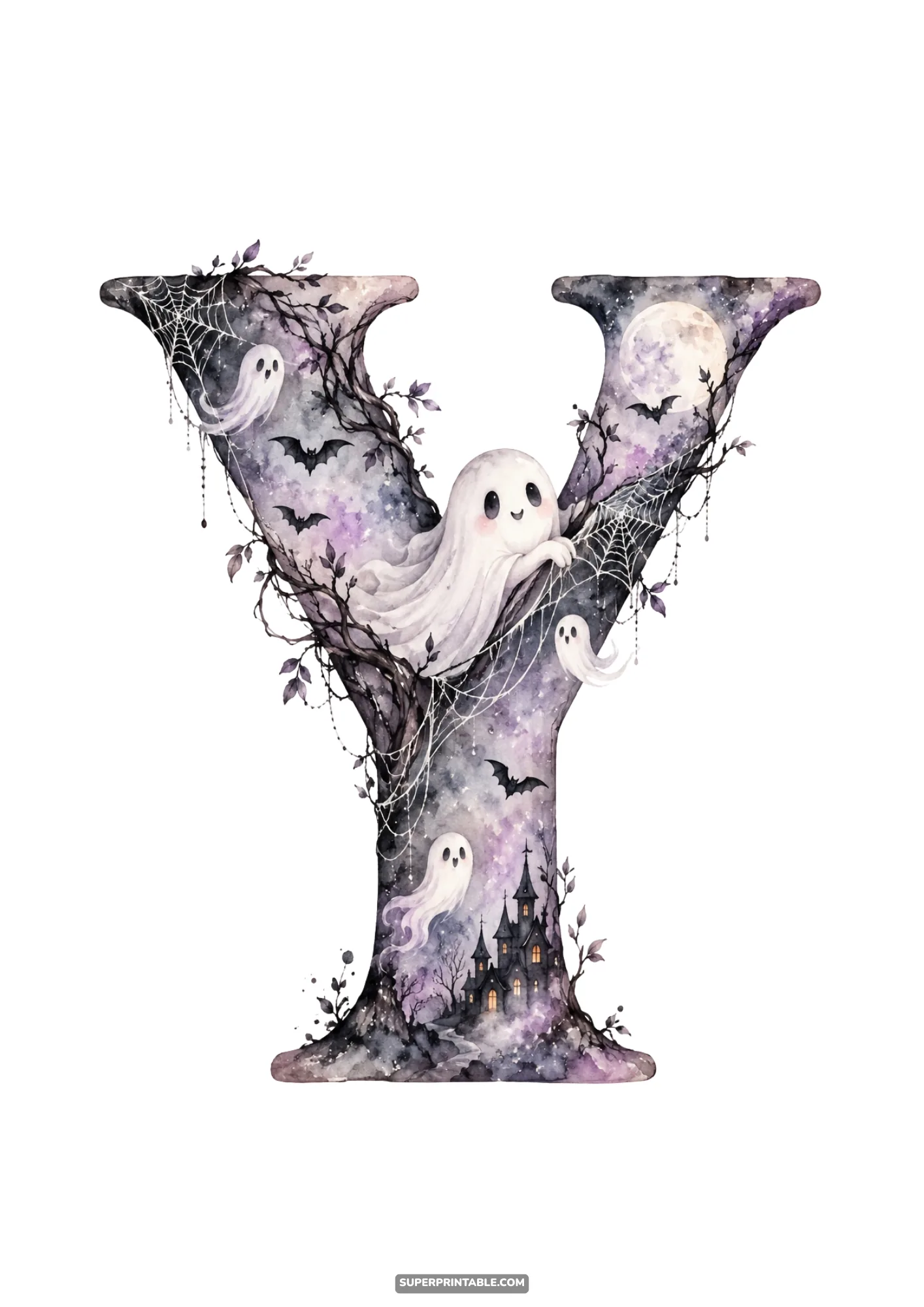 Watercolor letter Y with four playful white ghosts, full moon, and spooky gothic castle