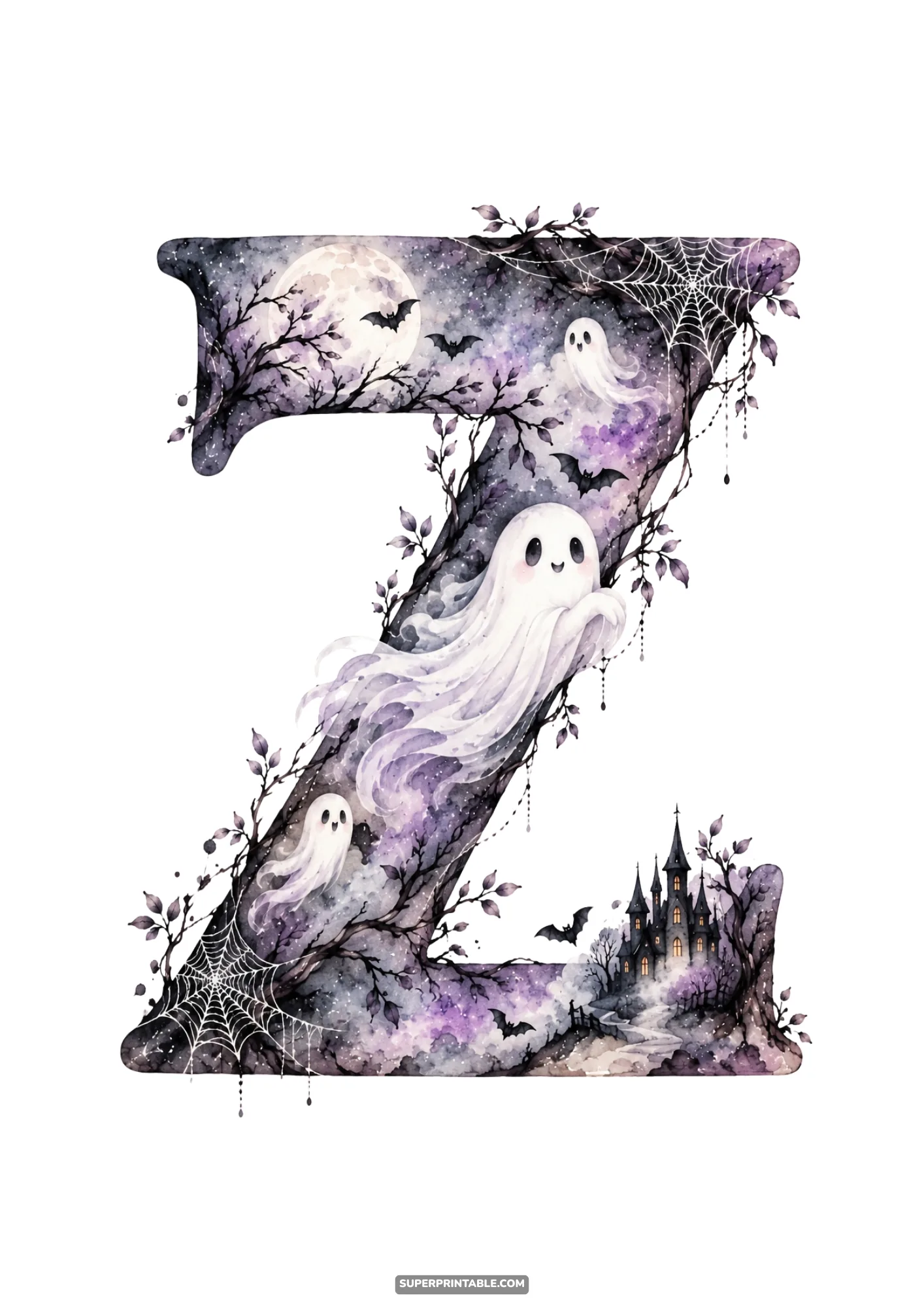 Whimsical watercolor letter Z with three joyful ghosts, moonlit castle, and cobwebs