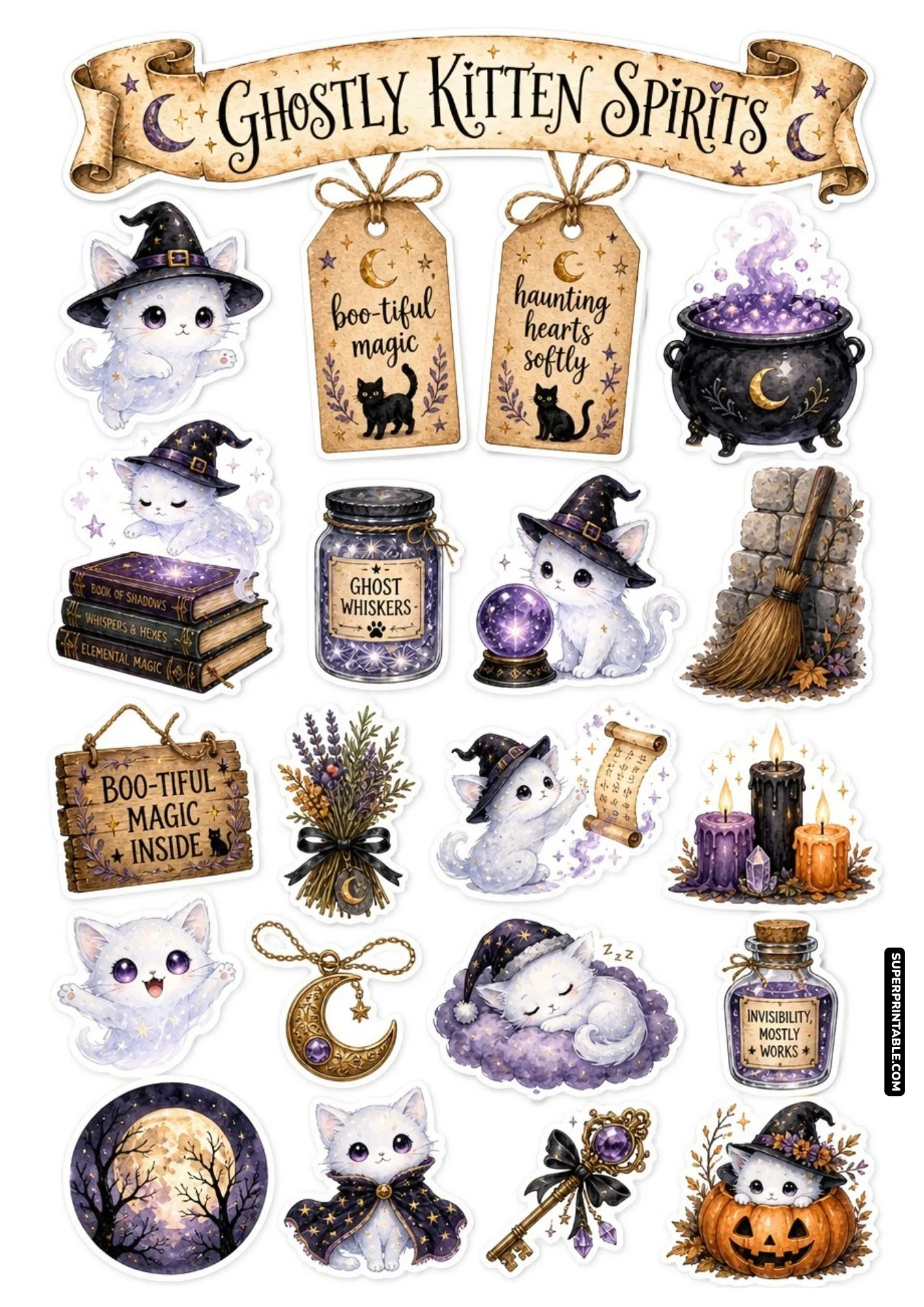 Printable witchy familiars sticker sheets featuring cute white ghost kittens and magical accessories.