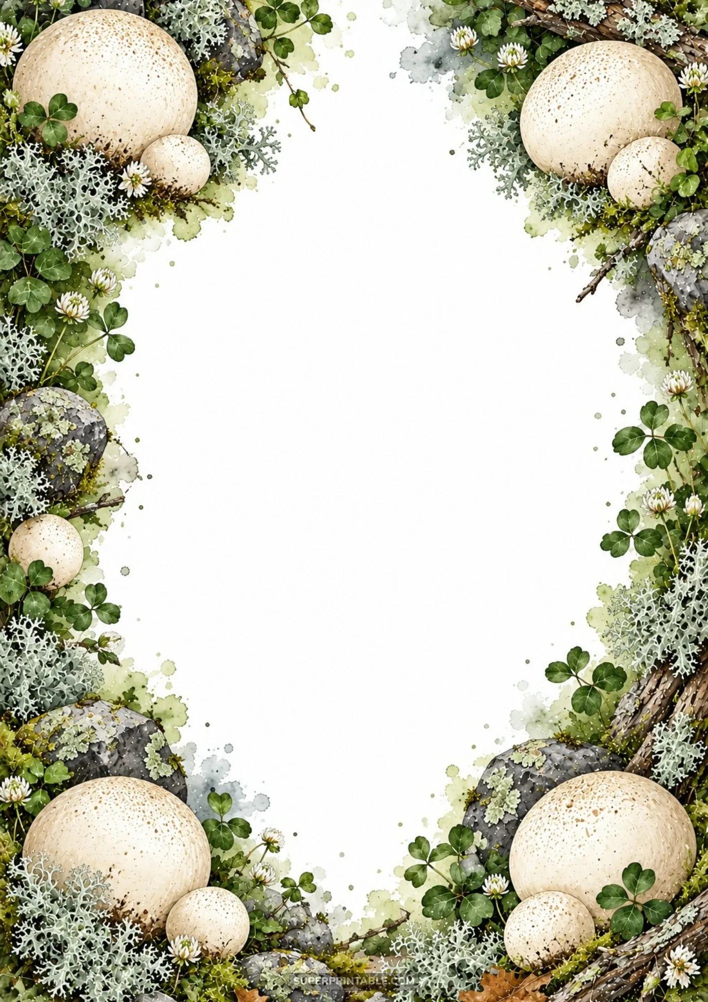 Smooth white giant puffball mushrooms nestled among granite rocks, silvery lichen, and green clovers.