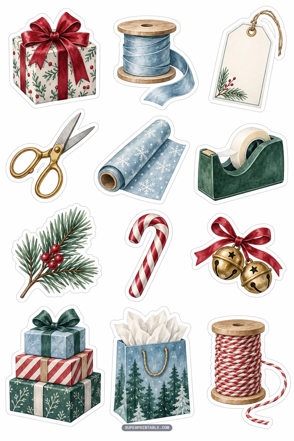 Festive gift wrapping stickers with wrapped presents, spools of ribbon, scissors, and paper gift bags