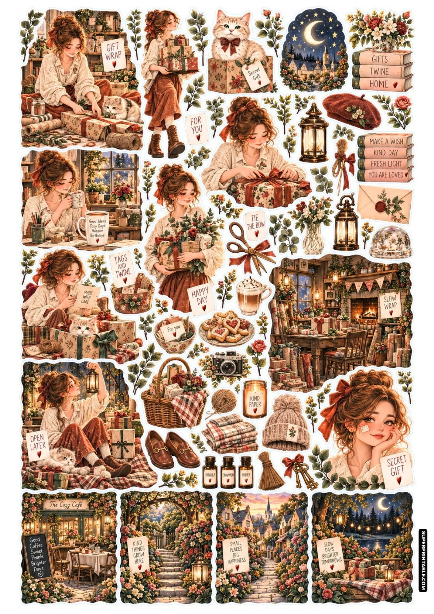 Cozy birthday sticker sheet with patterned gift wrapping, ribbons, craft scissors, and kitty in a gift box.