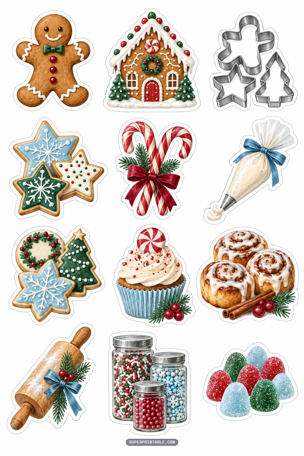 Holiday baking stickers including gingerbread houses, iced star cookies, cinnamon rolls, and sprinkle jars