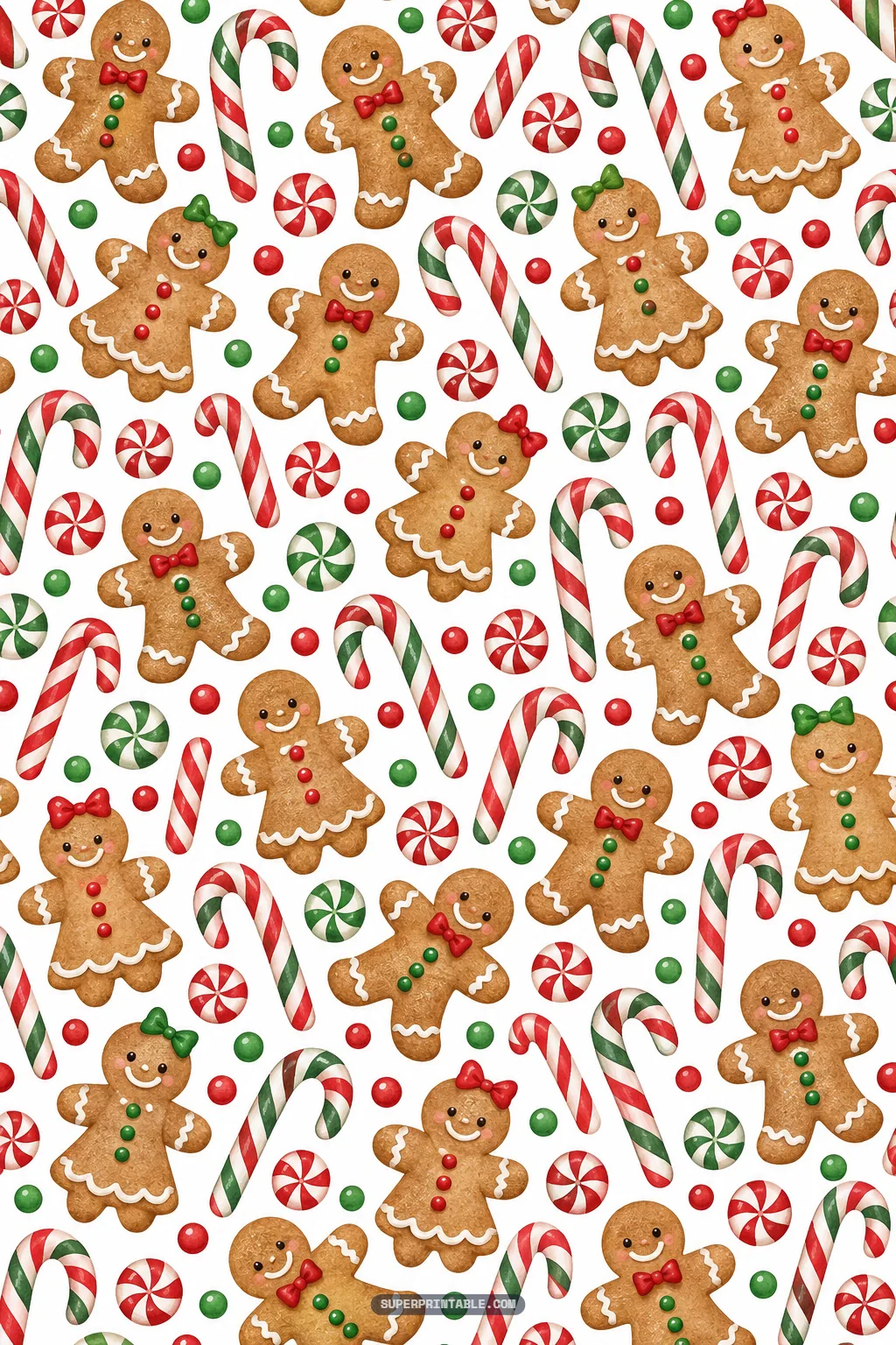 Sweet decorated gingerbread cookie characters with striped candy canes and round peppermint hard candies