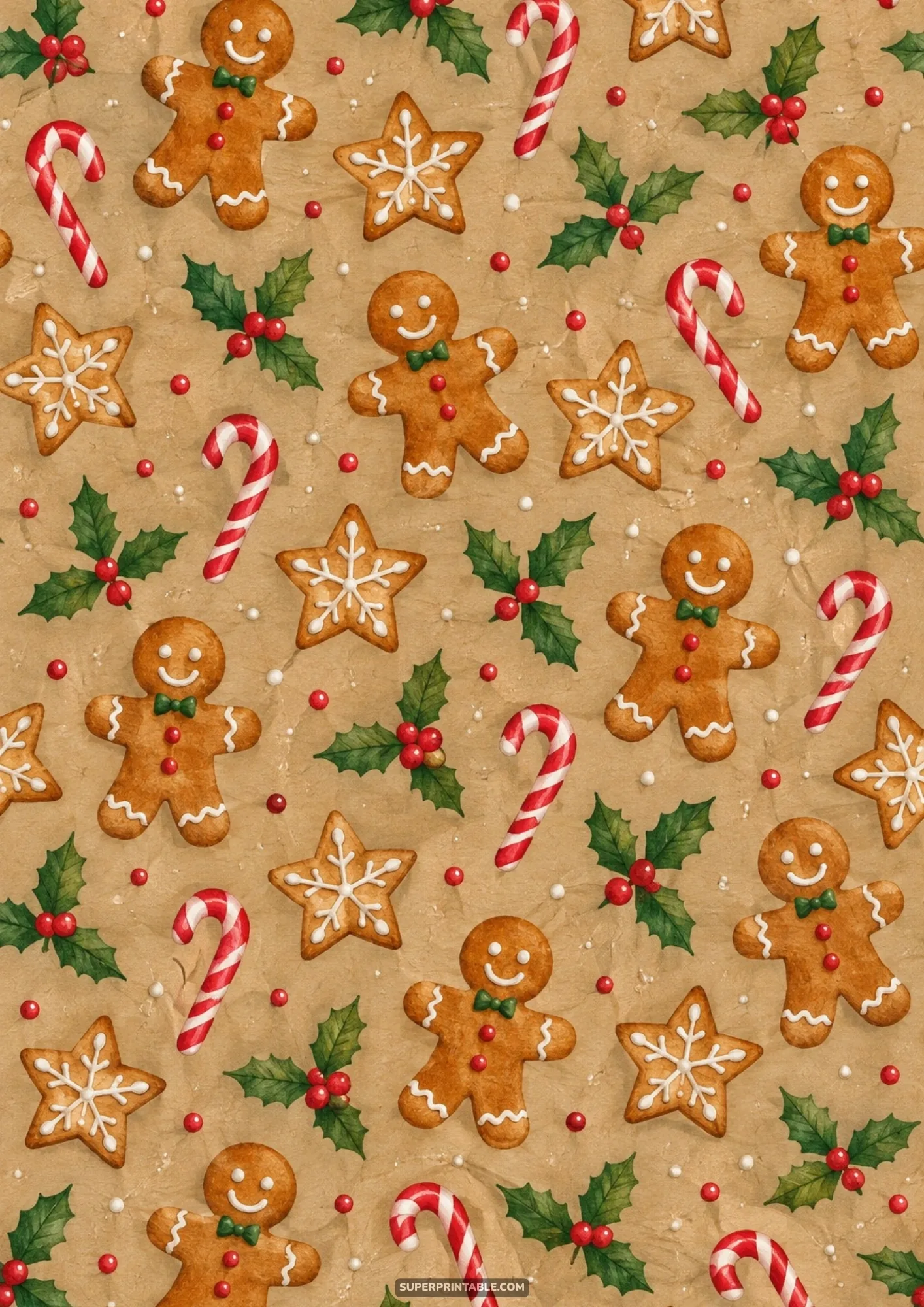 Playful repeating pattern of gingerbread men, frosted stars, and candy canes