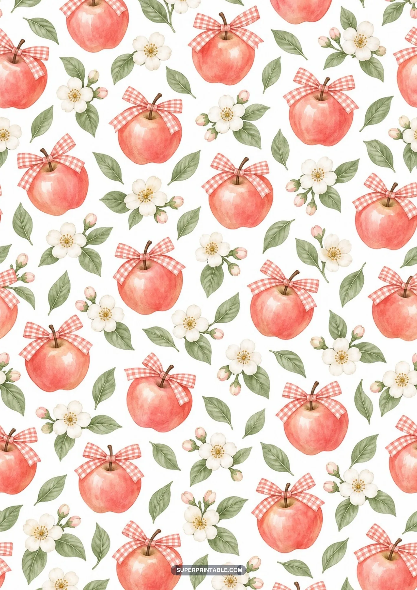 Red apples tied with gingham ribbon bows among scattered blossoms and leaves