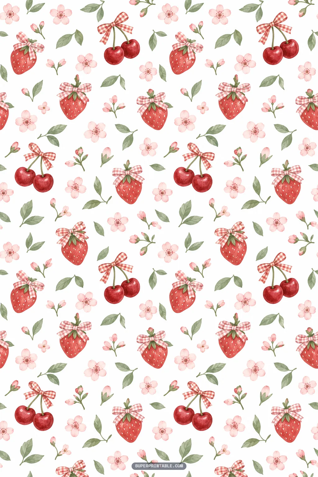 Whimsical strawberries and cherries tied with red and white gingham ribbon bows