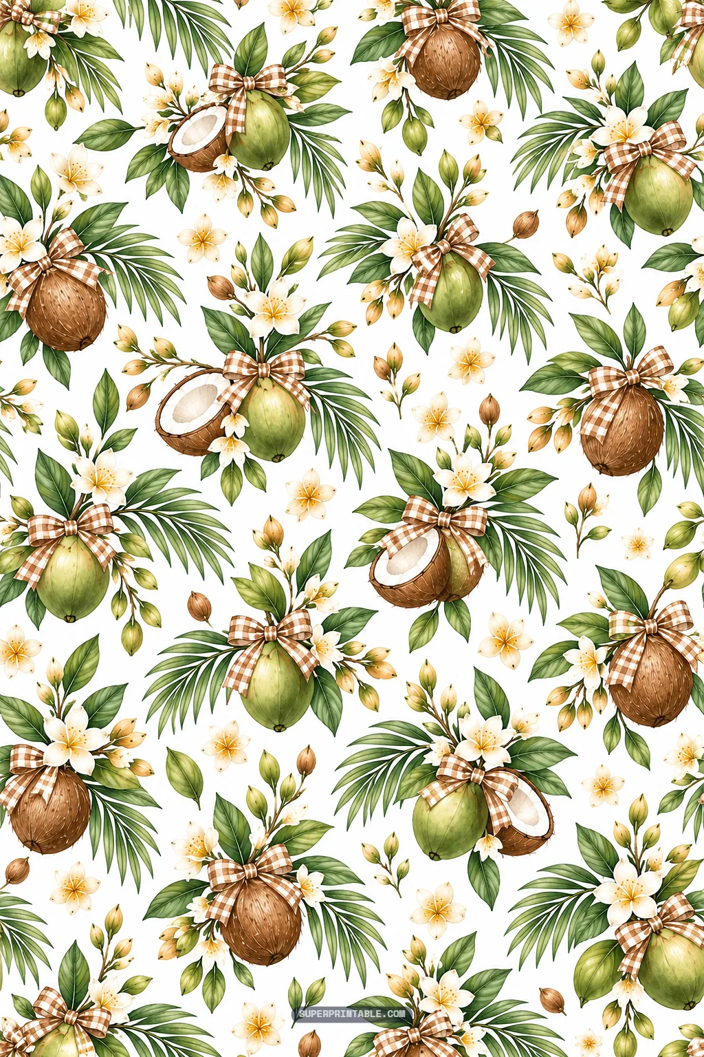 Orchard coconuts adorned with rustic gingham ribbon bows and leafy palm fronds.