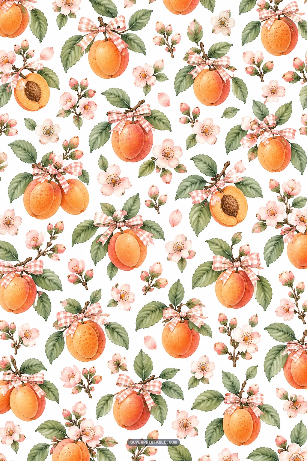 Sweet watercolor apricots tied with pink gingham check bows and blooming branch accents.