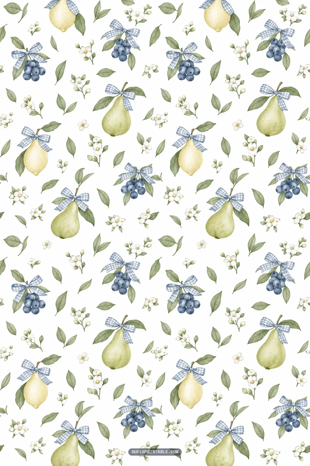 Country style motif with blue gingham checked bows tied to fresh pears, lemons, and blueberry clusters on white