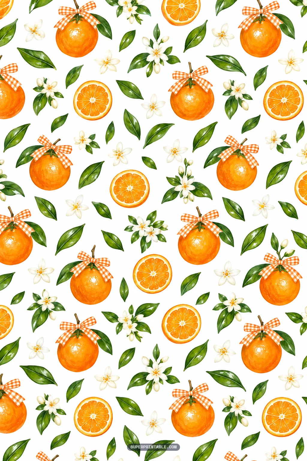 Charming ripe oranges tied with orange gingham ribbon bows, juicy citrus rounds, and scattered white blossoms