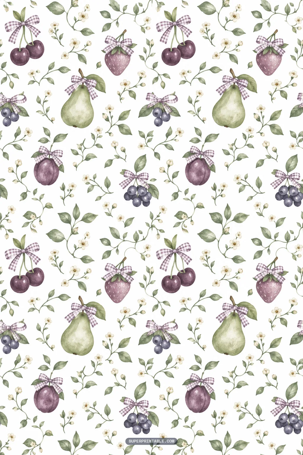 Sweet orchard fruits and berries decorated with purple gingham ribbon bows and tiny flowers.