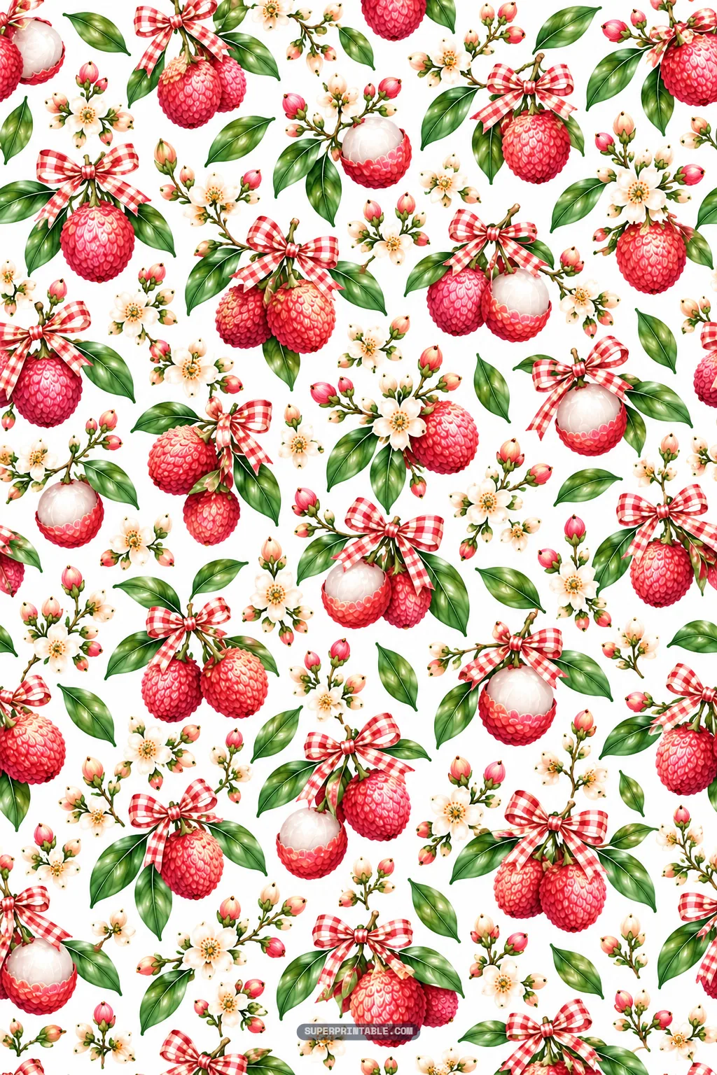 Charming red and white gingham ribbon bows tied to sweet red lychee clusters and white blossoms.