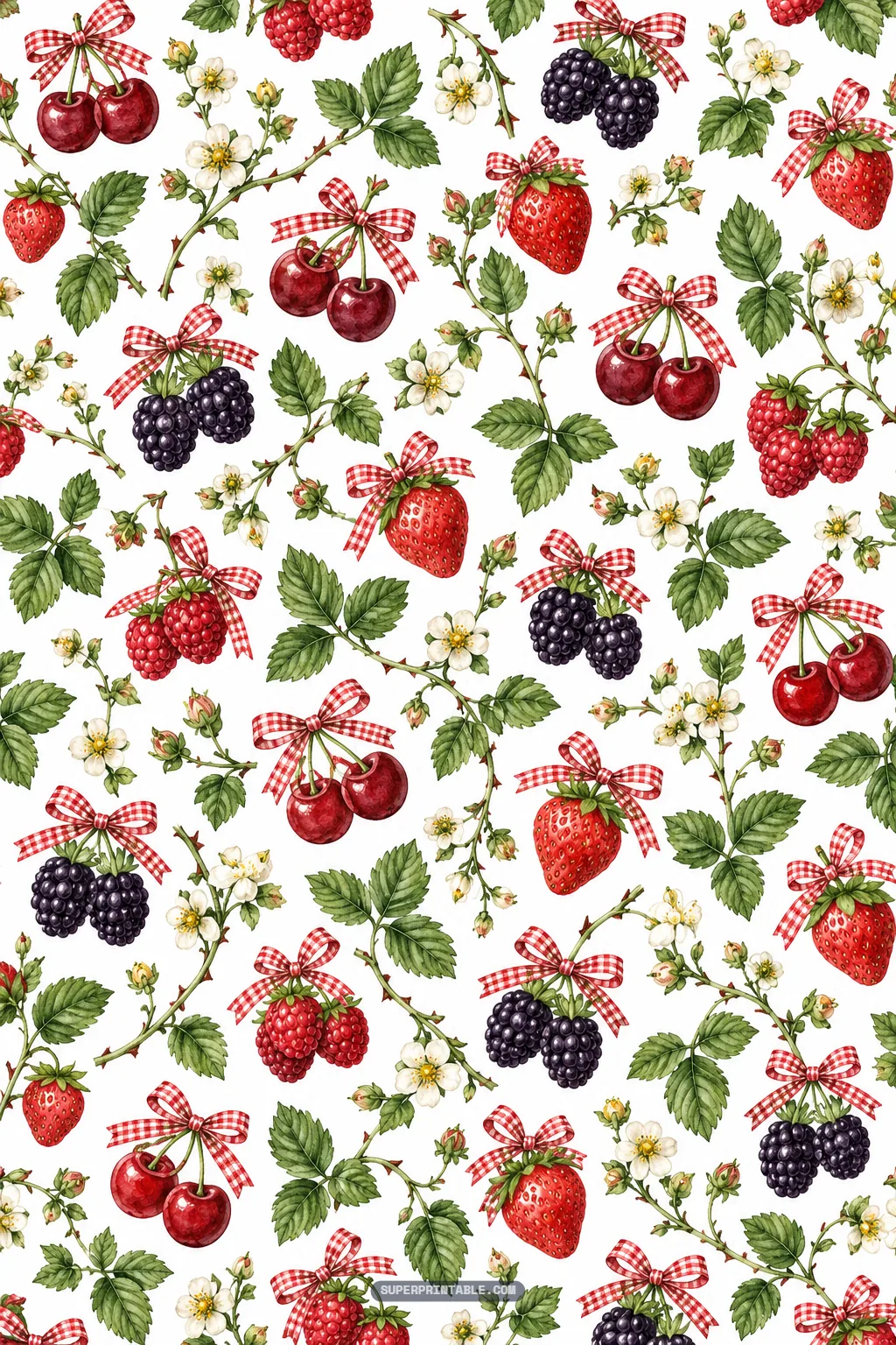 Rustic country berry pattern with red gingham ribbon bows tied around fresh summer berries