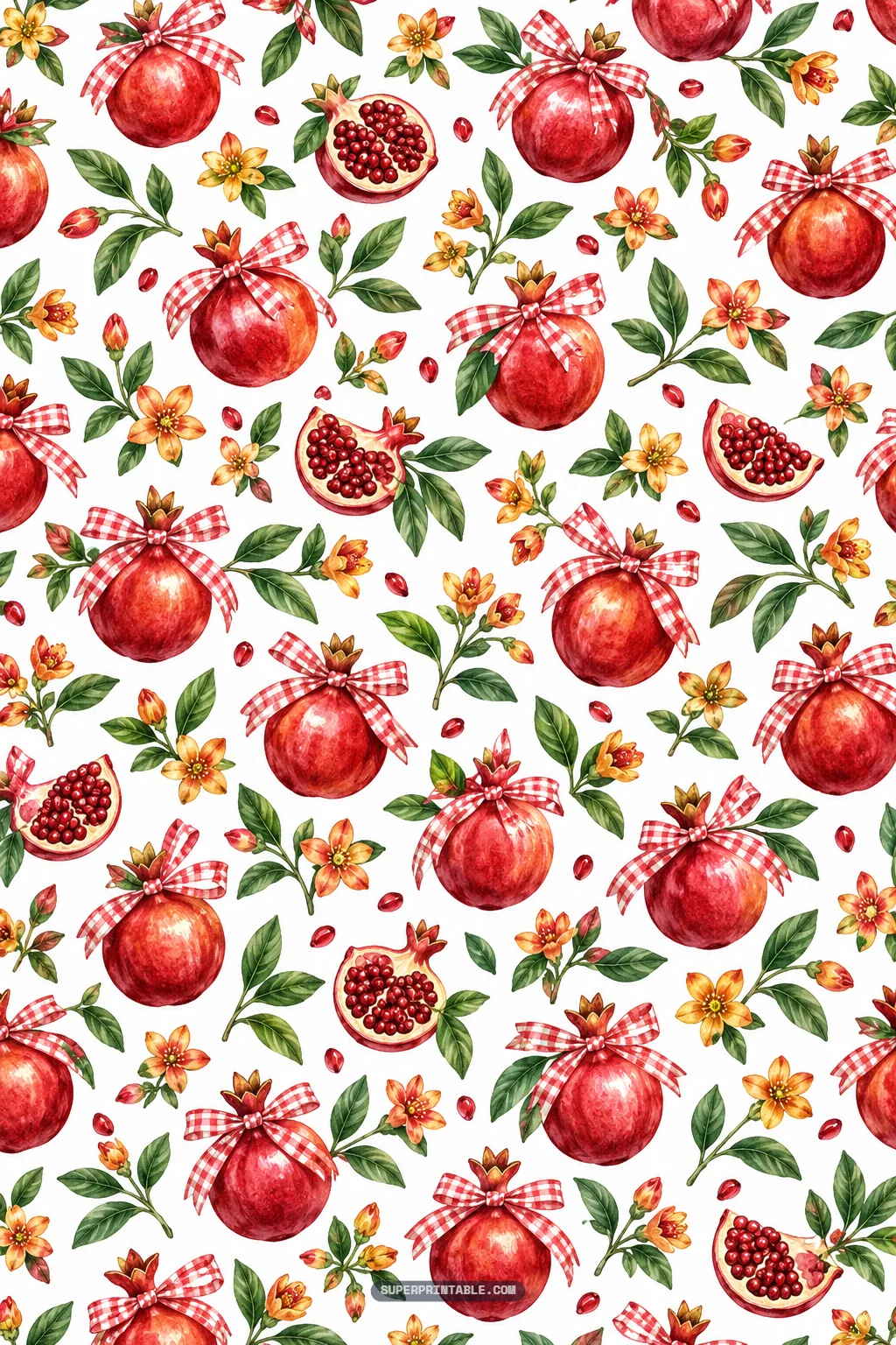 Rustic autumn pattern of ruby pomegranates adorned with red gingham ribbons and bows