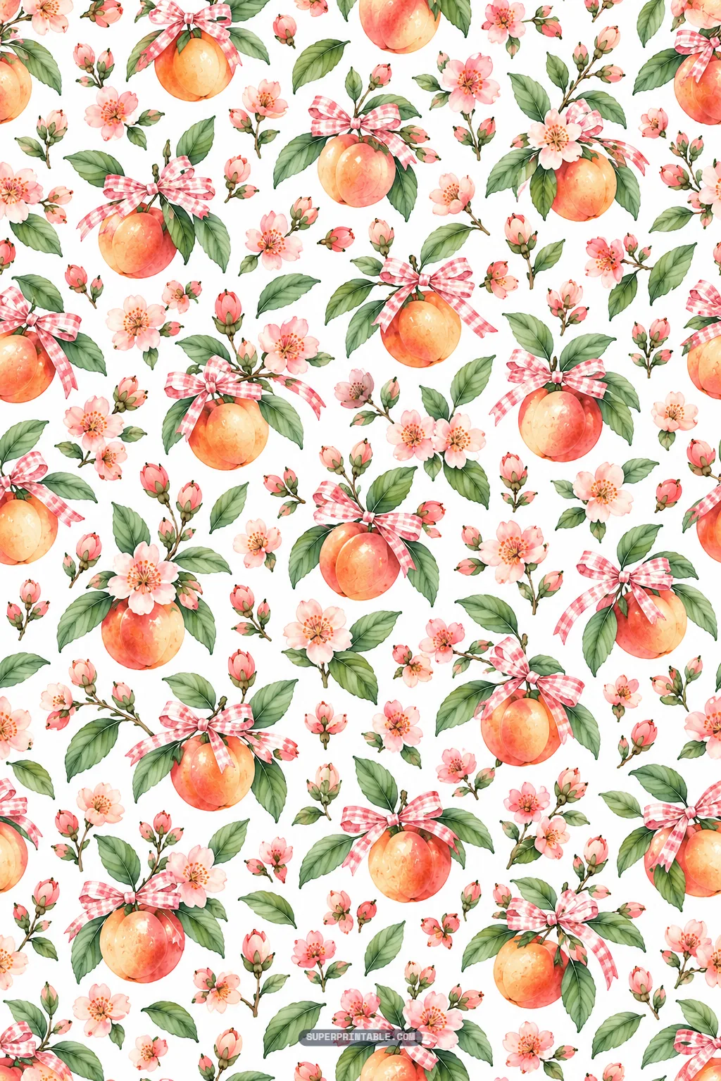 Charming watercolor nectarines tied with pink gingham bows among delicate floral blossoms.