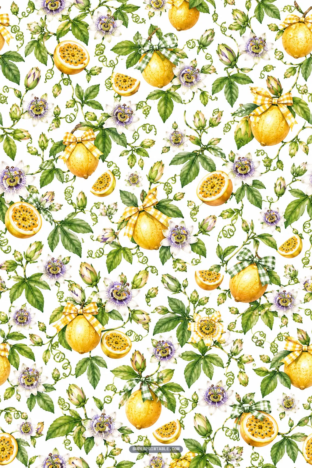 Charming yellow passionfruits adorned with rustic gingham ribbon bows amidst climbing flowering vines.