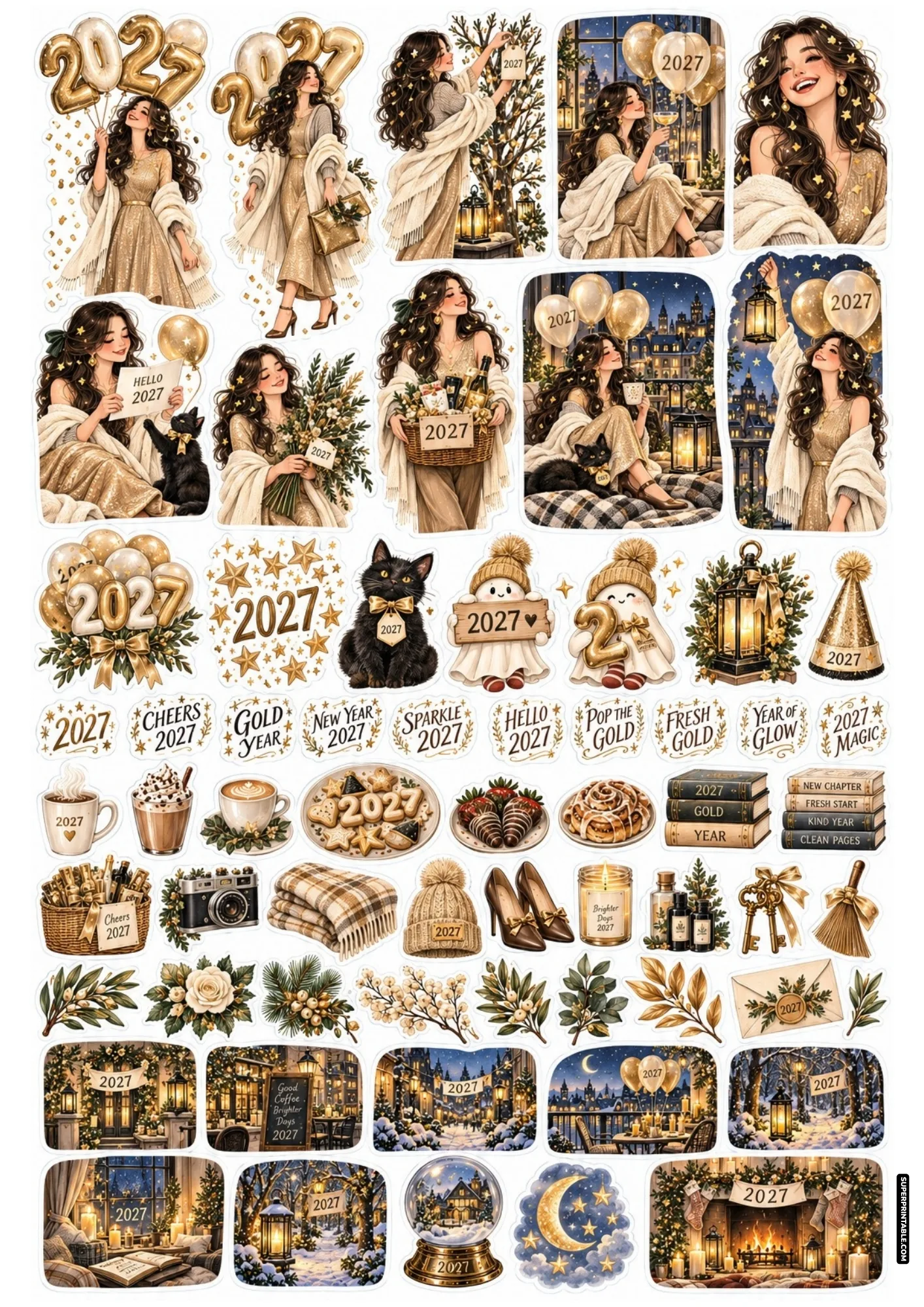 Elegant gold party sticker sheet with a woman in a sparkling gown celebrating the 2027 midnight countdown.