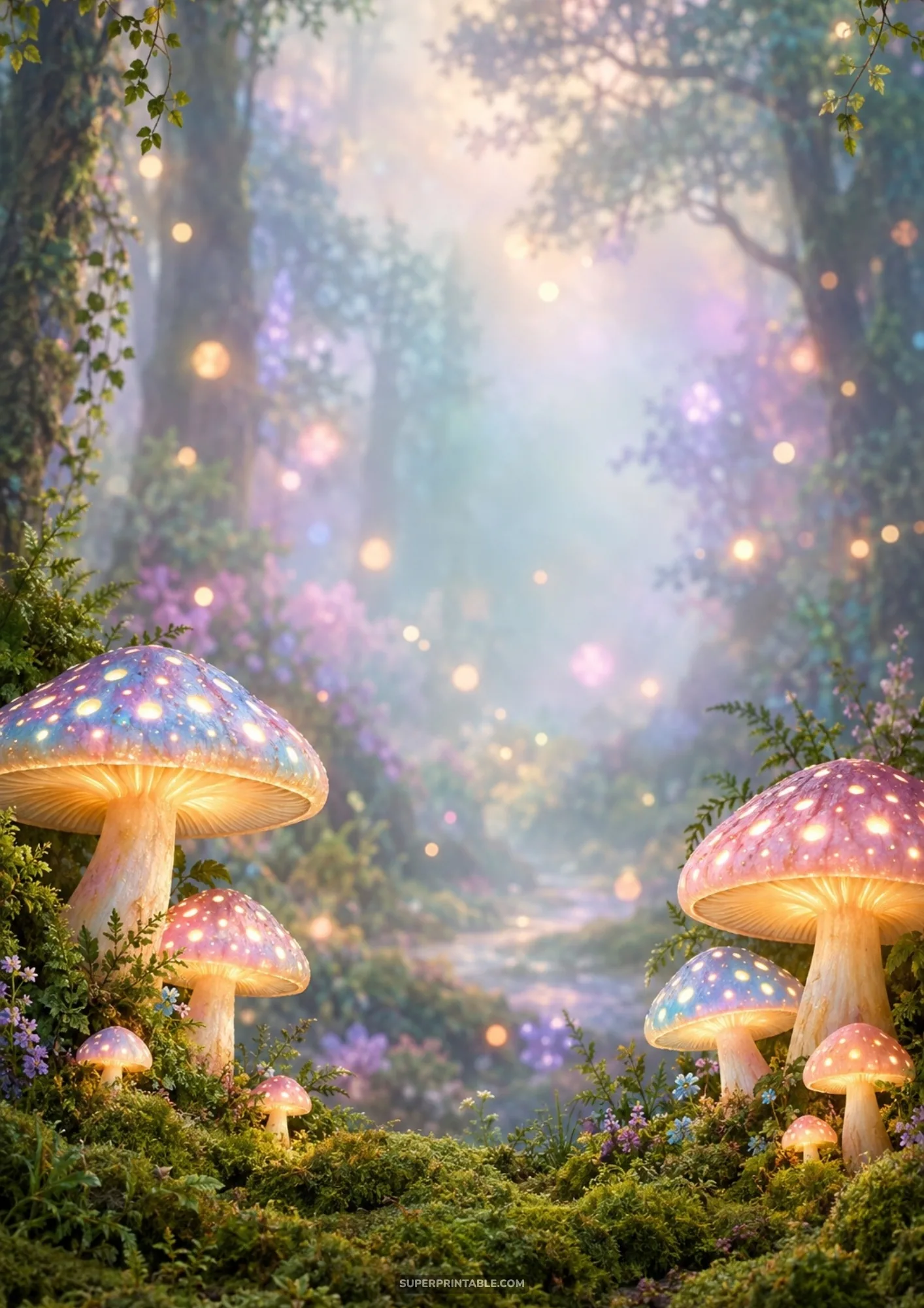Giant luminescent purple and pink mushrooms glowing softly amid mossy hills and floating sparkles