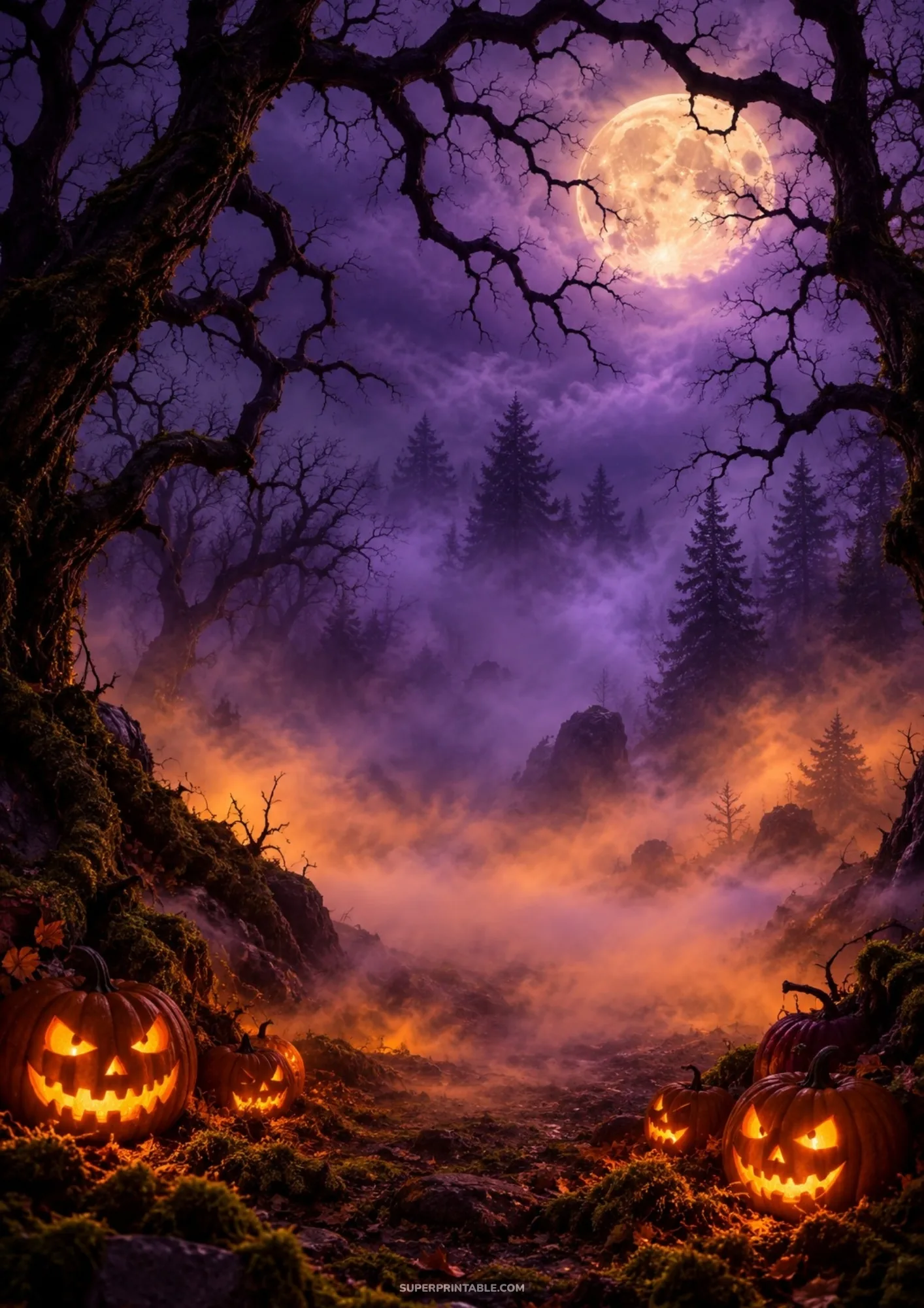 Spooky gothic digital backgrounds featuring glowing carved pumpkins on a foggy forest trail under a bright moon