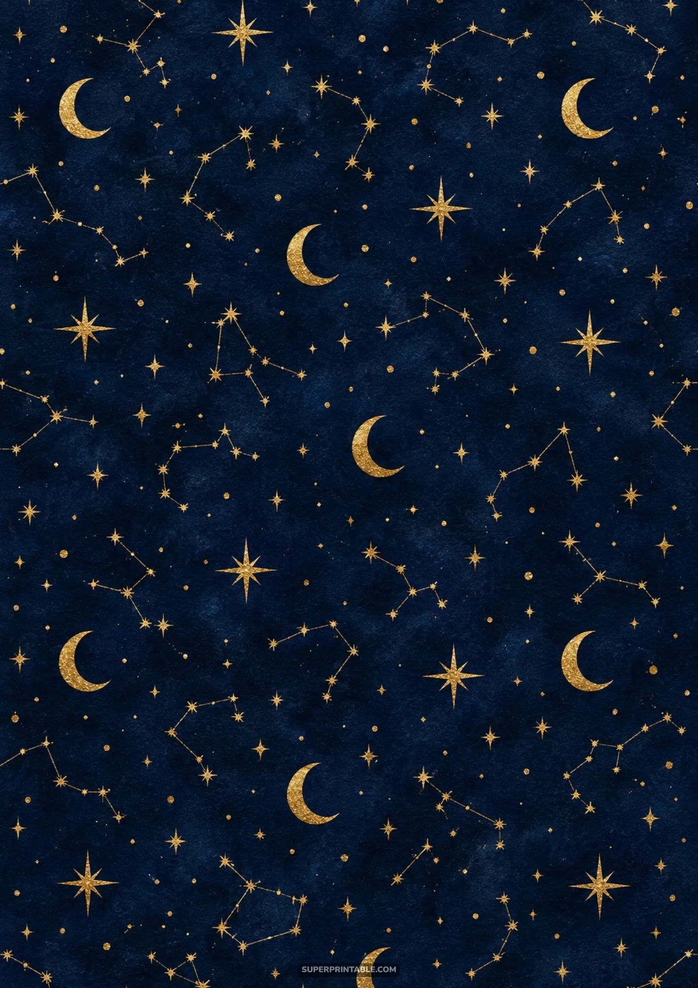 Glittering gold foil crescent moons and delicate star constellations on textured dark navy blue background