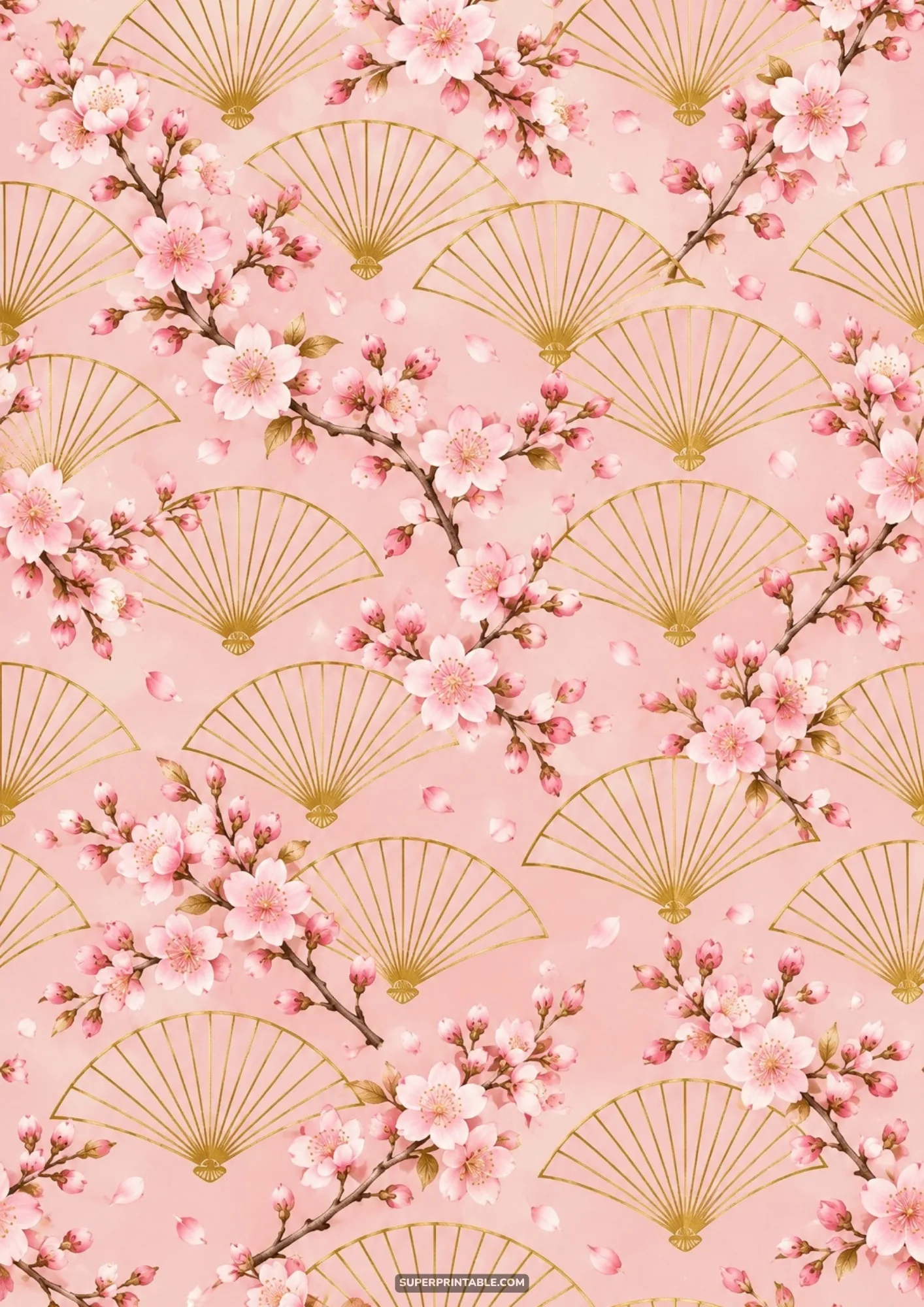 Geometric gold wireframe folding fans and pink sakura branches repeating on a peach pink background