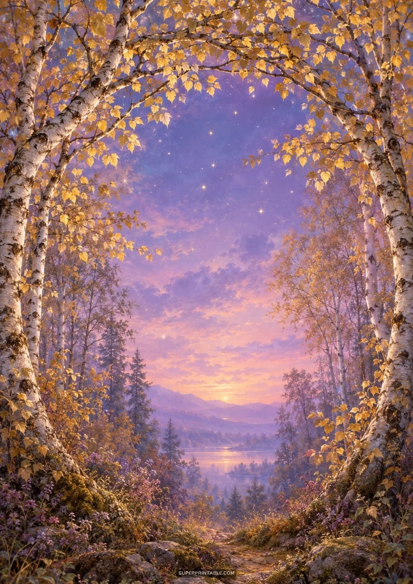 Birch tree natural archway framing a serene sunset lake beneath a twilight starry purple sky