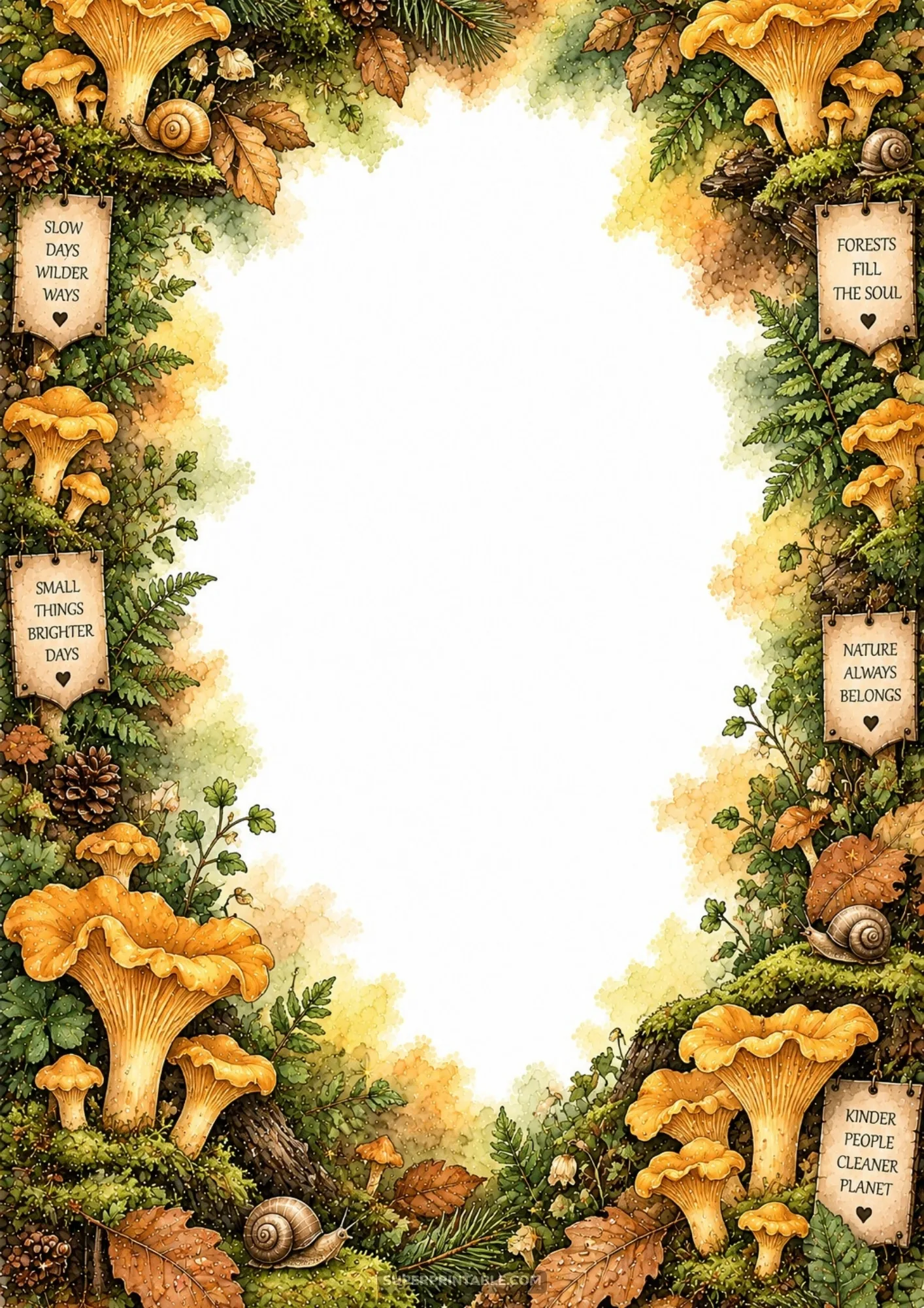 Woodland mushroom border featuring golden chanterelles, forest moss, snails, and rustic tags.